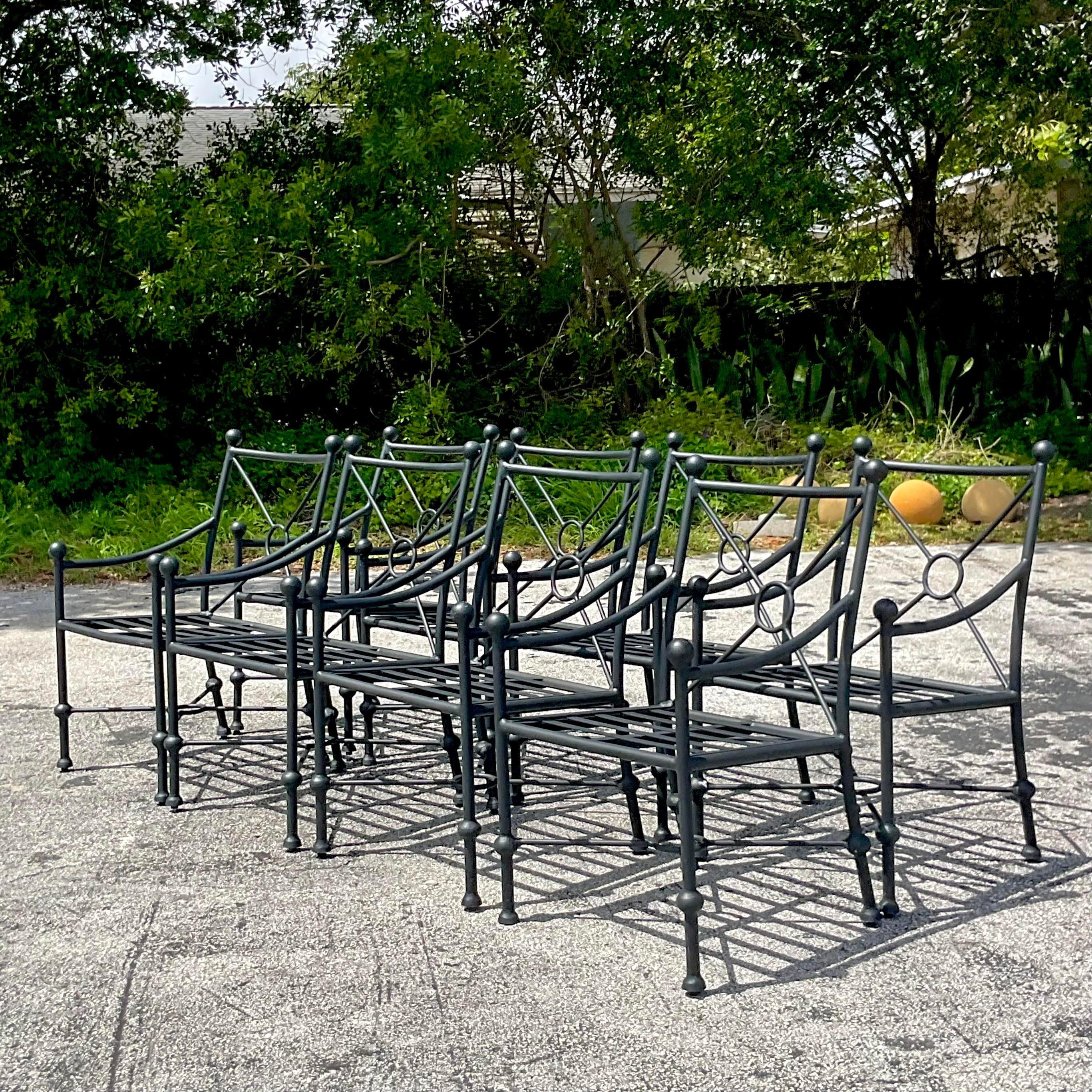 Vintage Cast Aluminum Target Back Dining Chairs After Michael Taylor - Set of 8 In Good Condition In west palm beach, FL