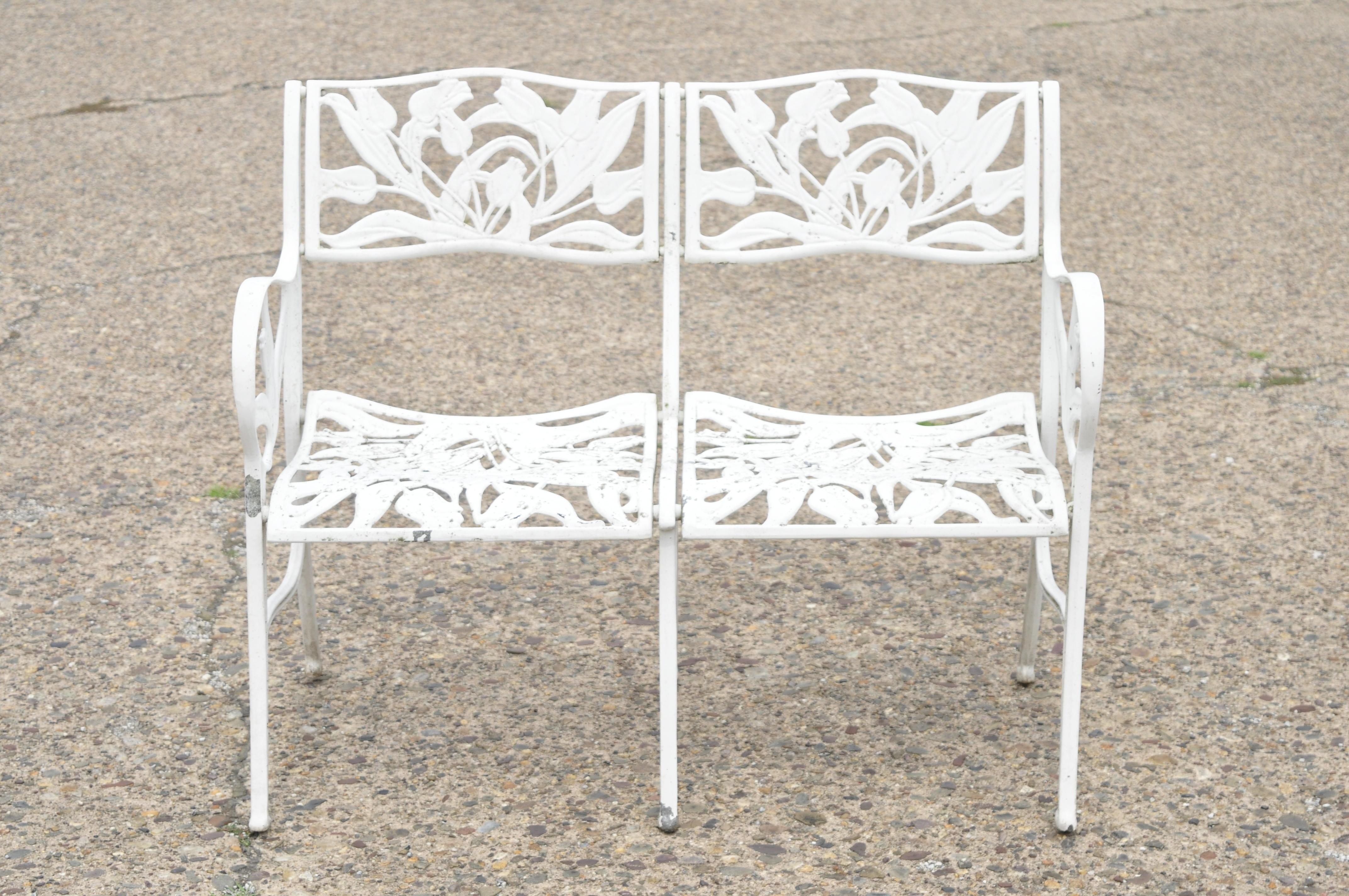 Vintage cast aluminum tulip flower garden patio bench seat attributed to Molla. Item features tulip flower frame, pierce work design, two seats, cast aluminum construction, very nice vintage item, quality craftsmanship, great style and form.