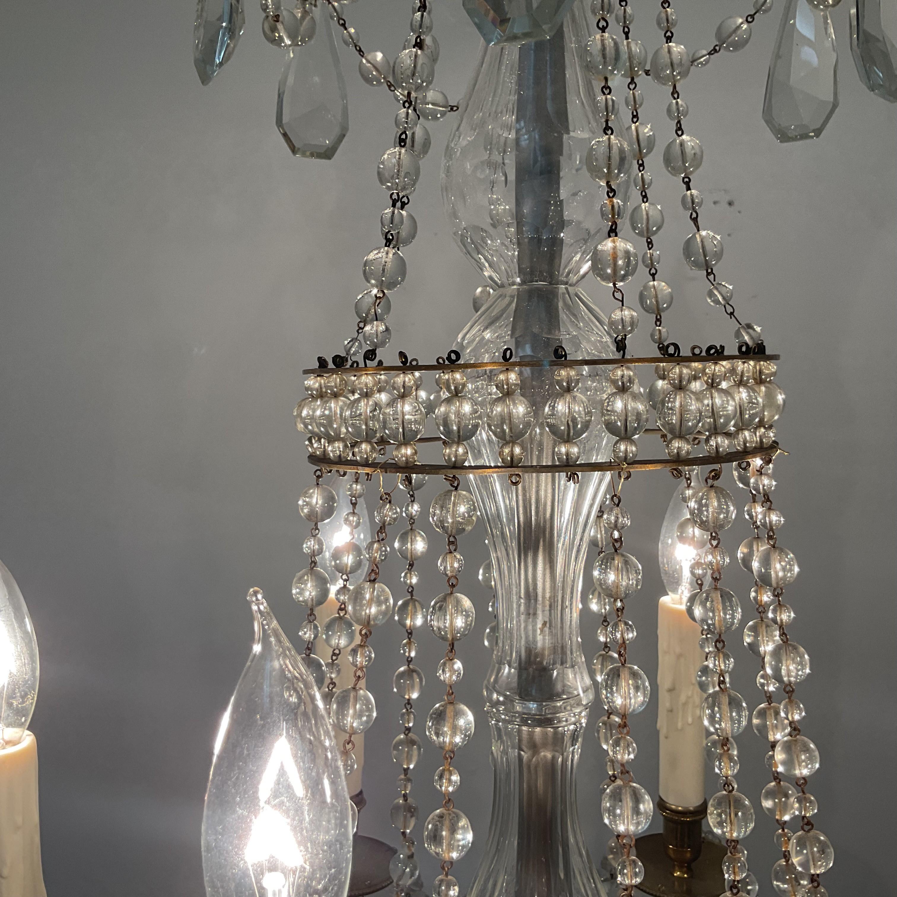 French Provincial Vintage Cast Brass and Lead Crystal French Chandelier For Sale
