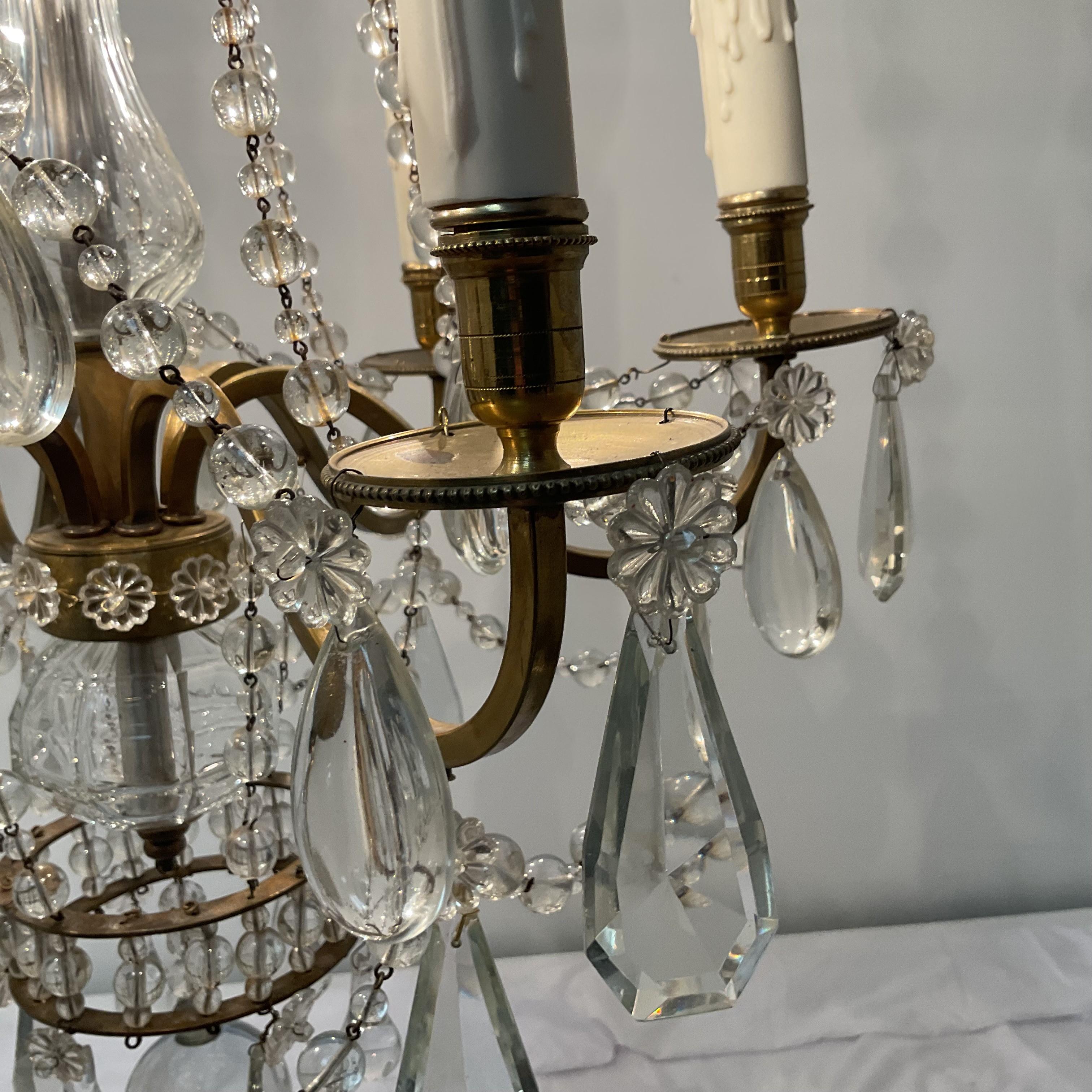 Mid-20th Century Vintage Cast Brass and Lead Crystal French Chandelier For Sale