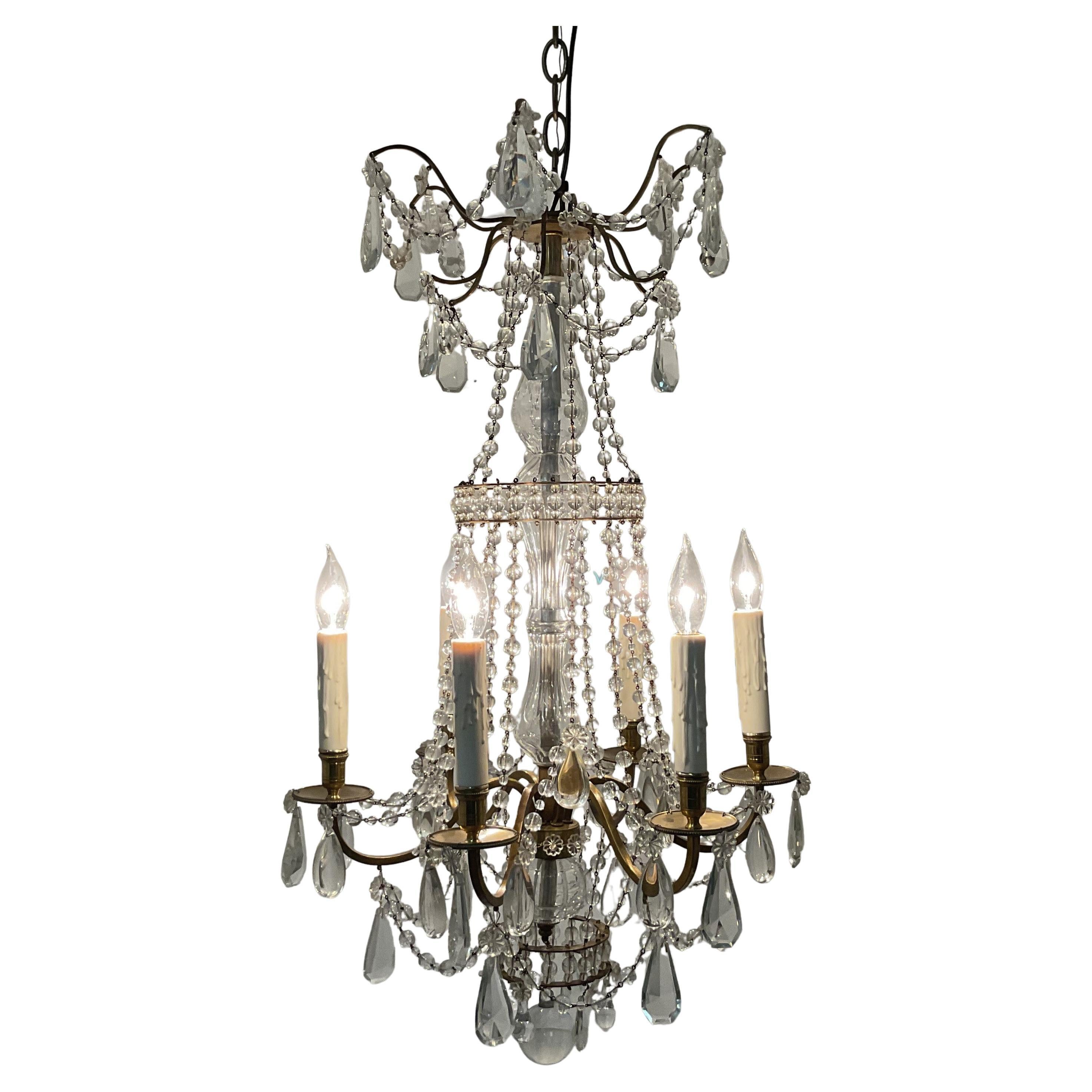 Vintage Cast Brass and Lead Crystal French Chandelier For Sale