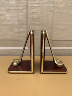 Vintage Cast Brass and Wood Golf Club Bookends, Pair