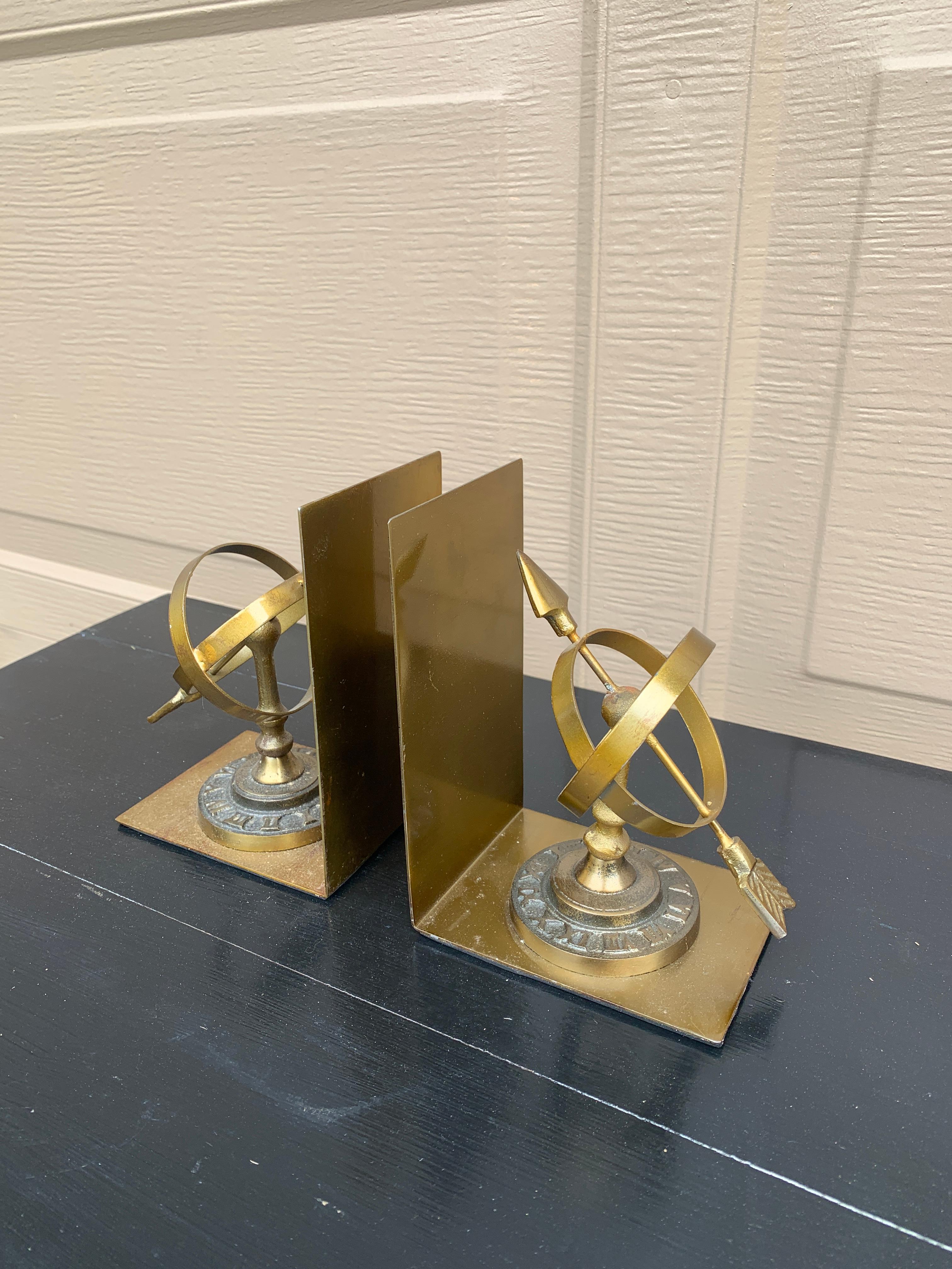 Neoclassical Vintage Cast Brass Celestial Armillary Sundial Bookends, Pair For Sale