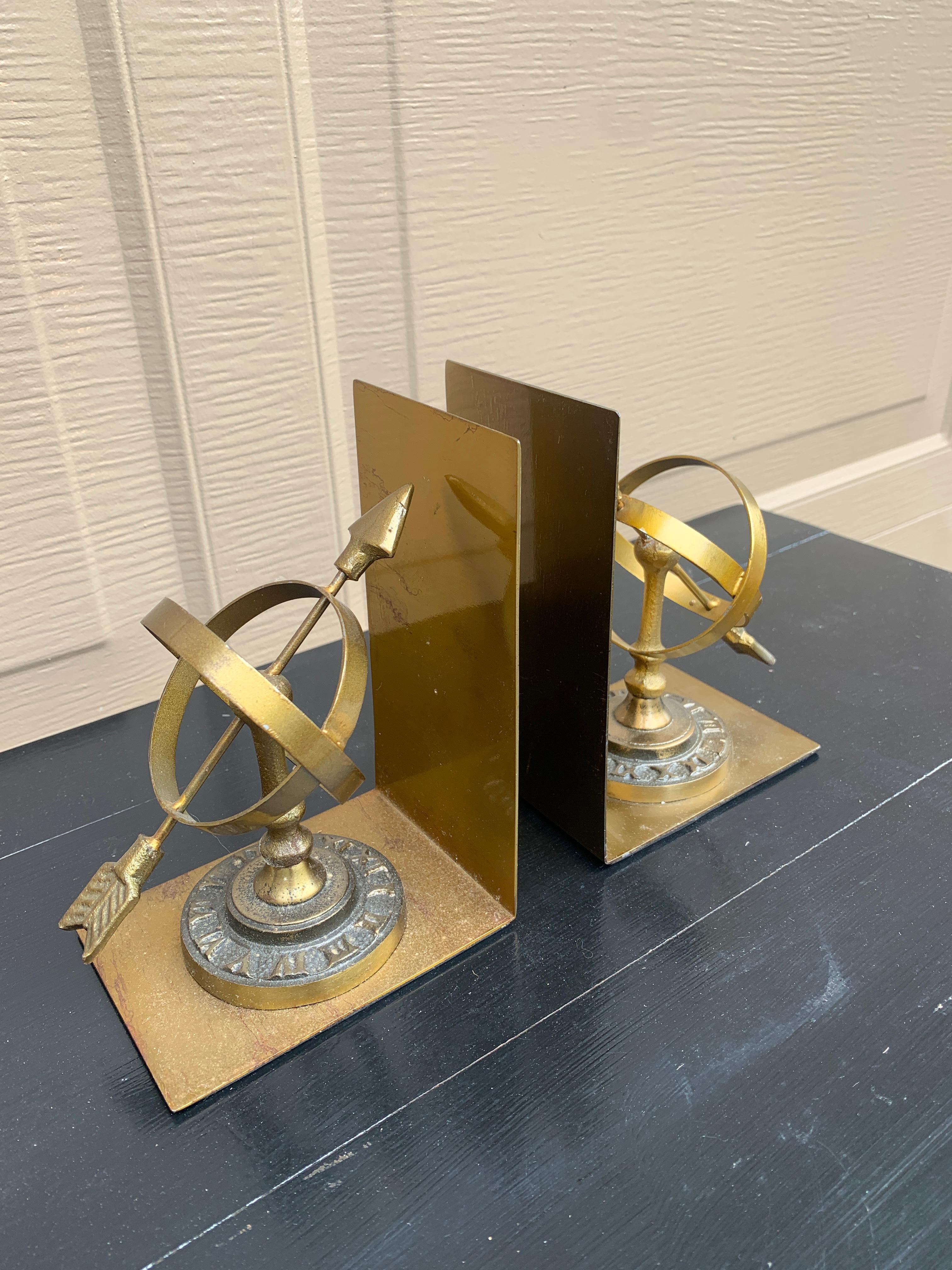 Indian Vintage Cast Brass Celestial Armillary Sundial Bookends, Pair For Sale