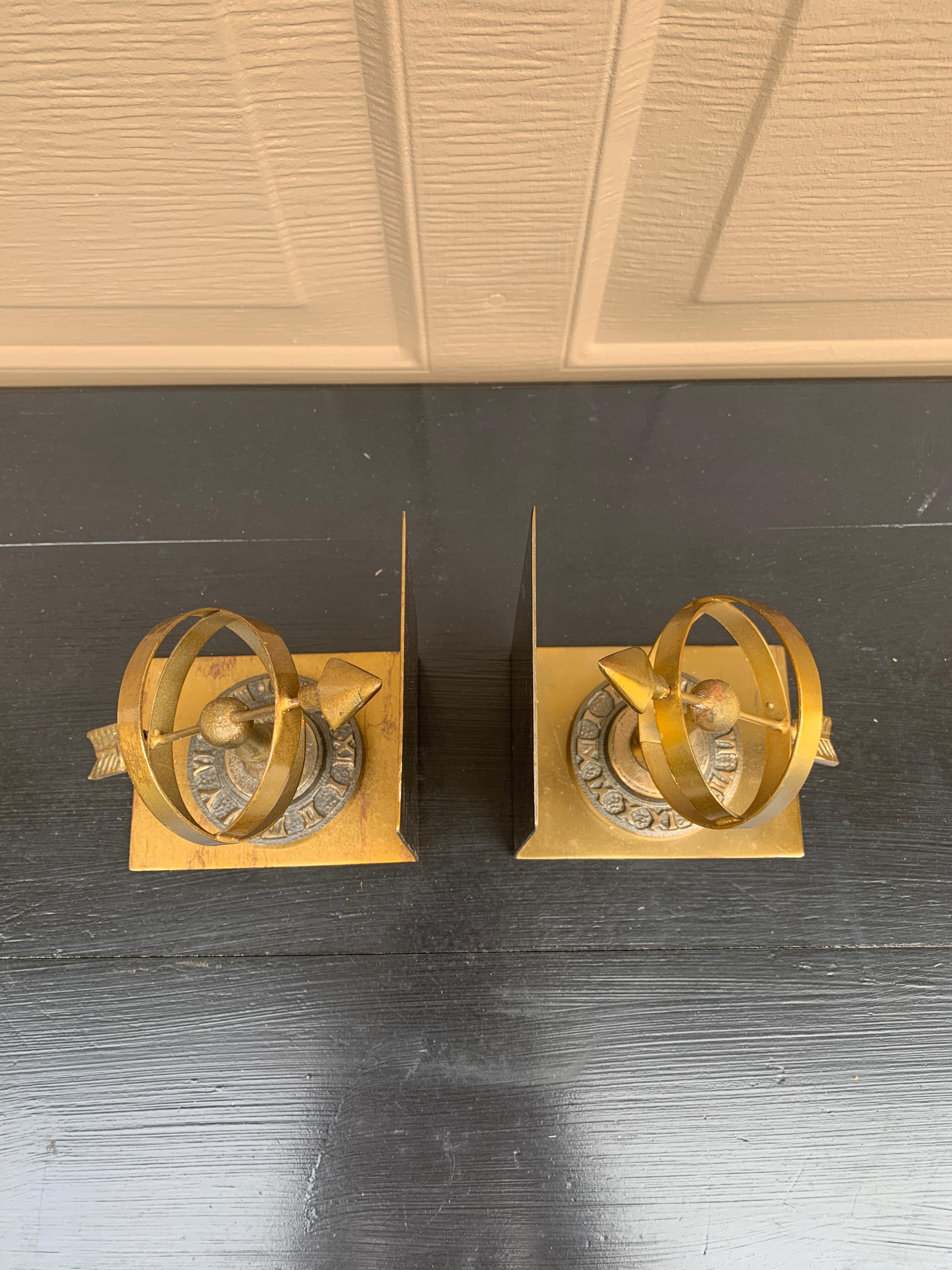 Vintage Cast Brass Celestial Armillary Sundial Bookends, Pair In Good Condition For Sale In Elkhart, IN