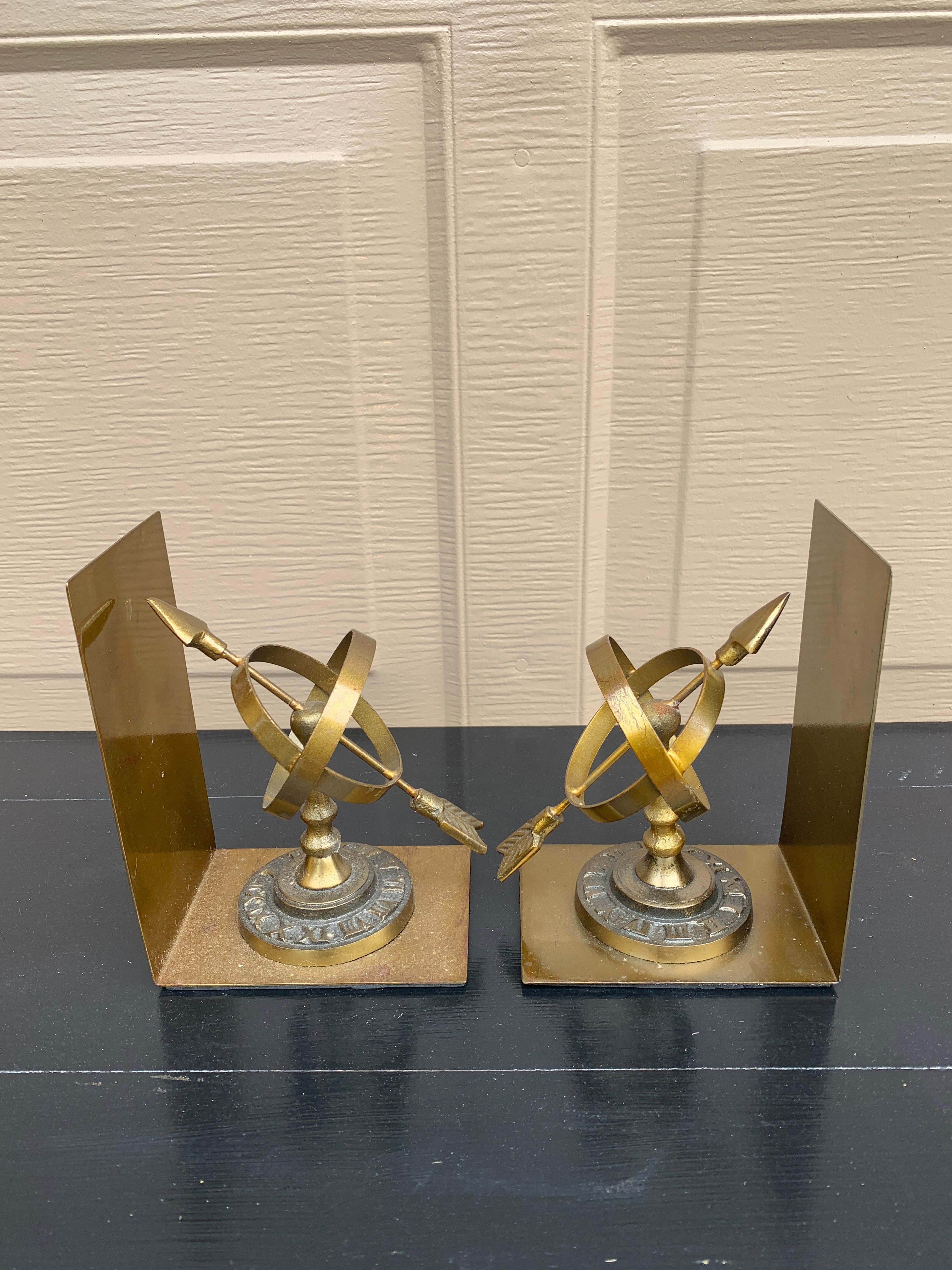 Late 20th Century Vintage Cast Brass Celestial Armillary Sundial Bookends, Pair For Sale