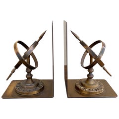 Vintage Cast Brass Celestial Armillary Sundial Bookends, Pair