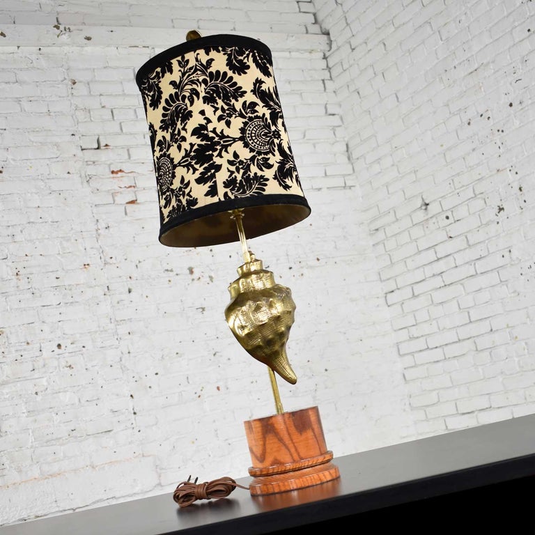 Vintage Cast Brass Conch Shell Table Lamp on Turned Wood ...