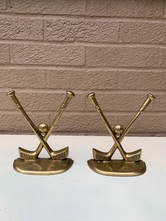 Vintage Cast Brass Double Golf Club Bookends, Pair