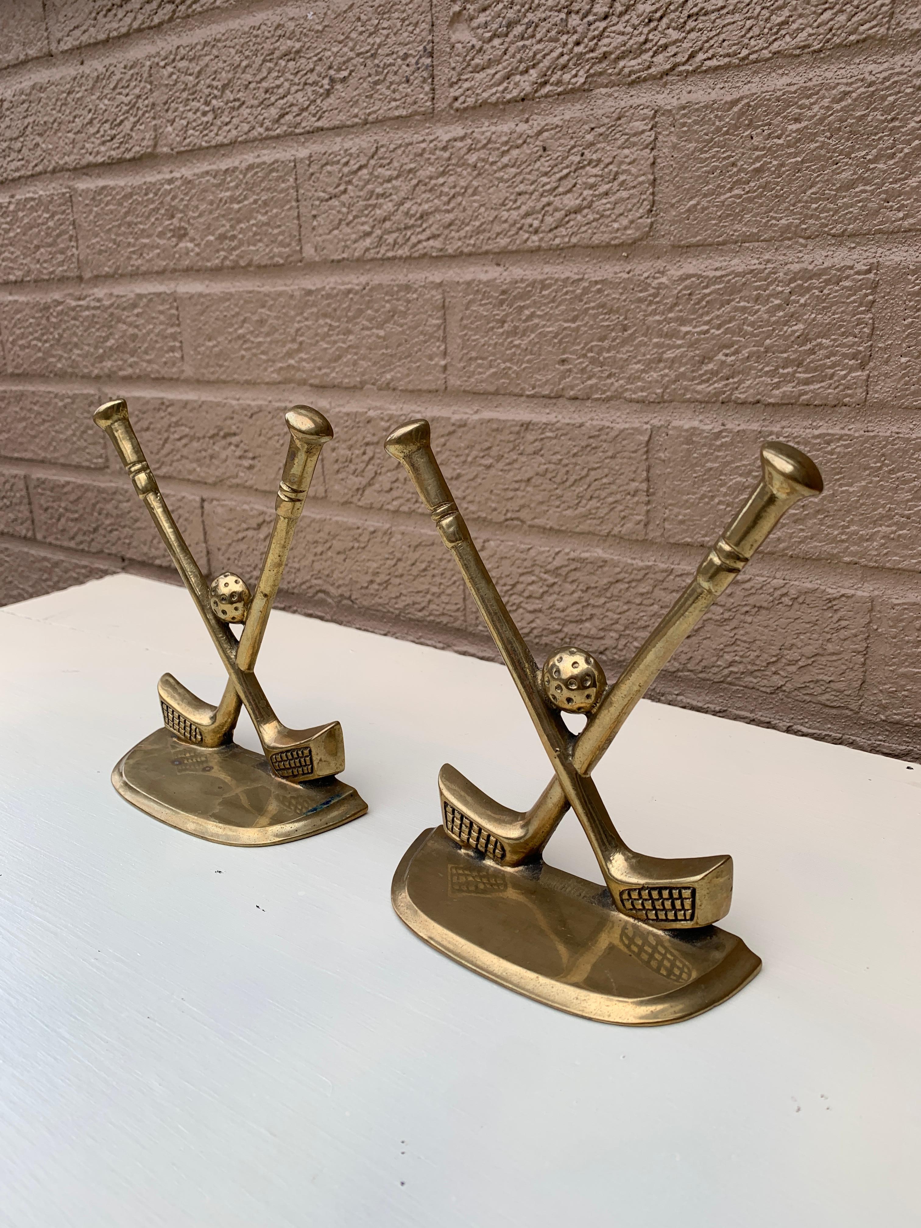 Modern Vintage Cast Brass Double Golf Club Bookends, Pair For Sale
