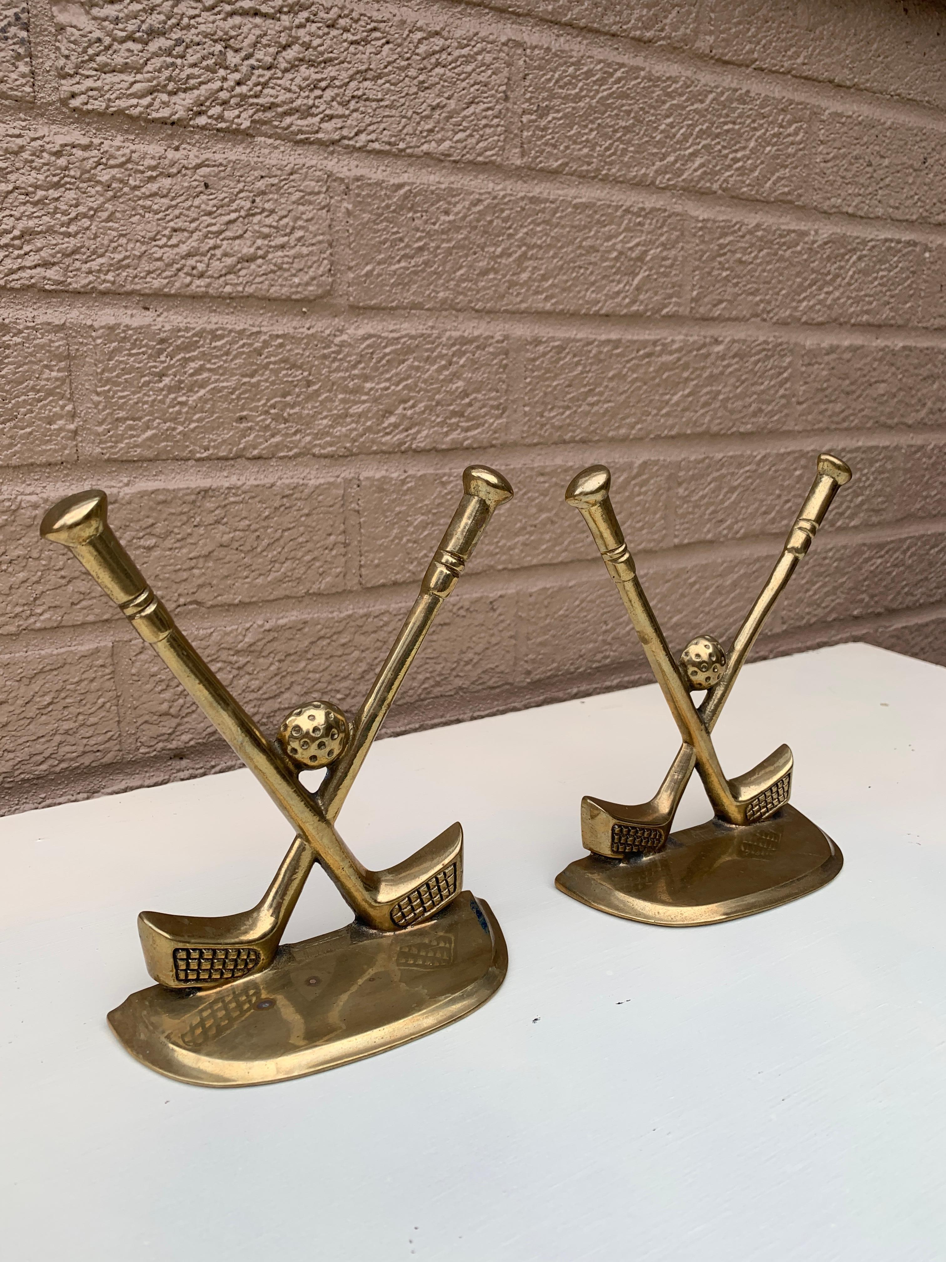 Taiwanese Vintage Cast Brass Double Golf Club Bookends, Pair For Sale