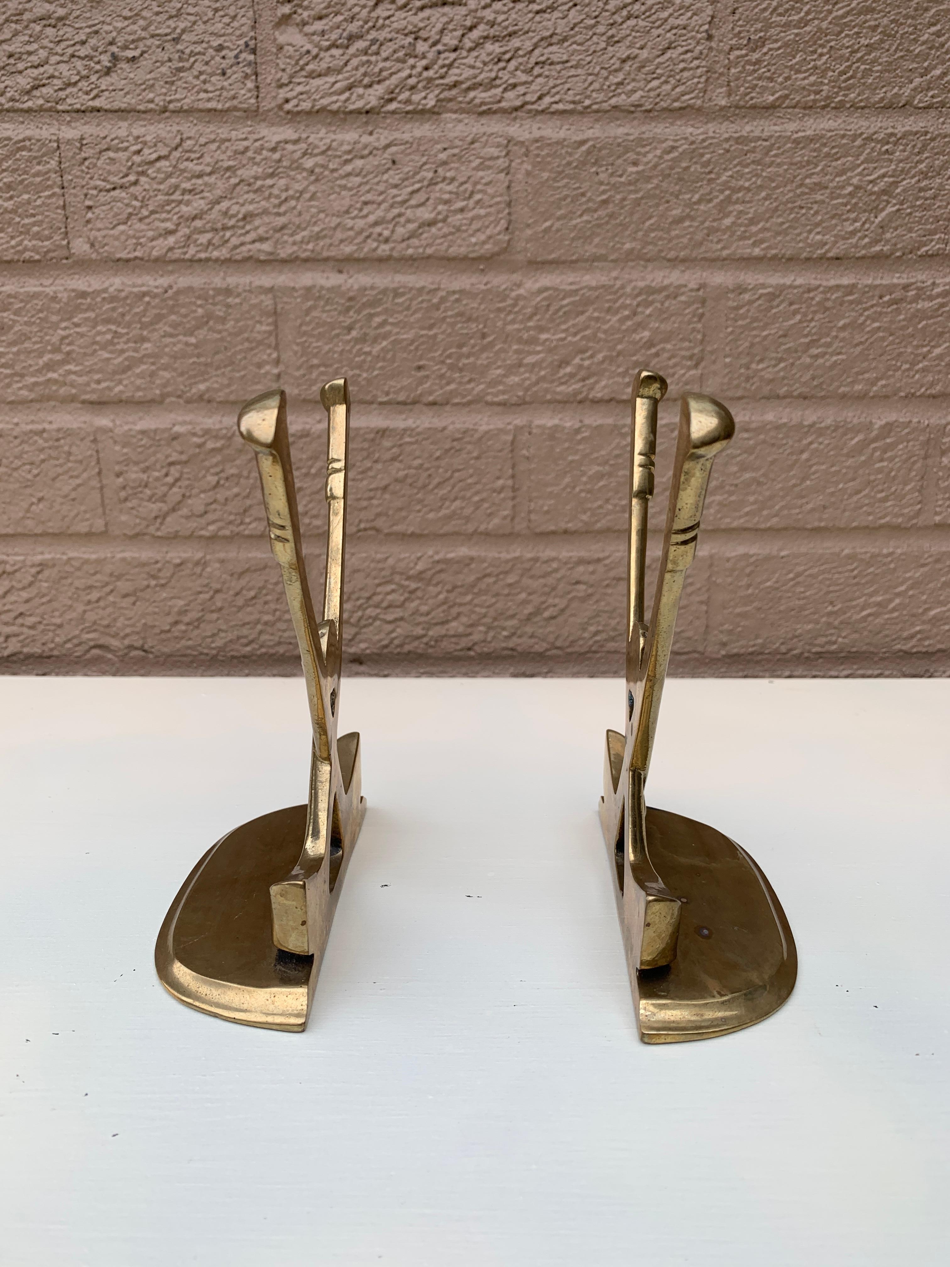 Late 20th Century Vintage Cast Brass Double Golf Club Bookends, Pair For Sale