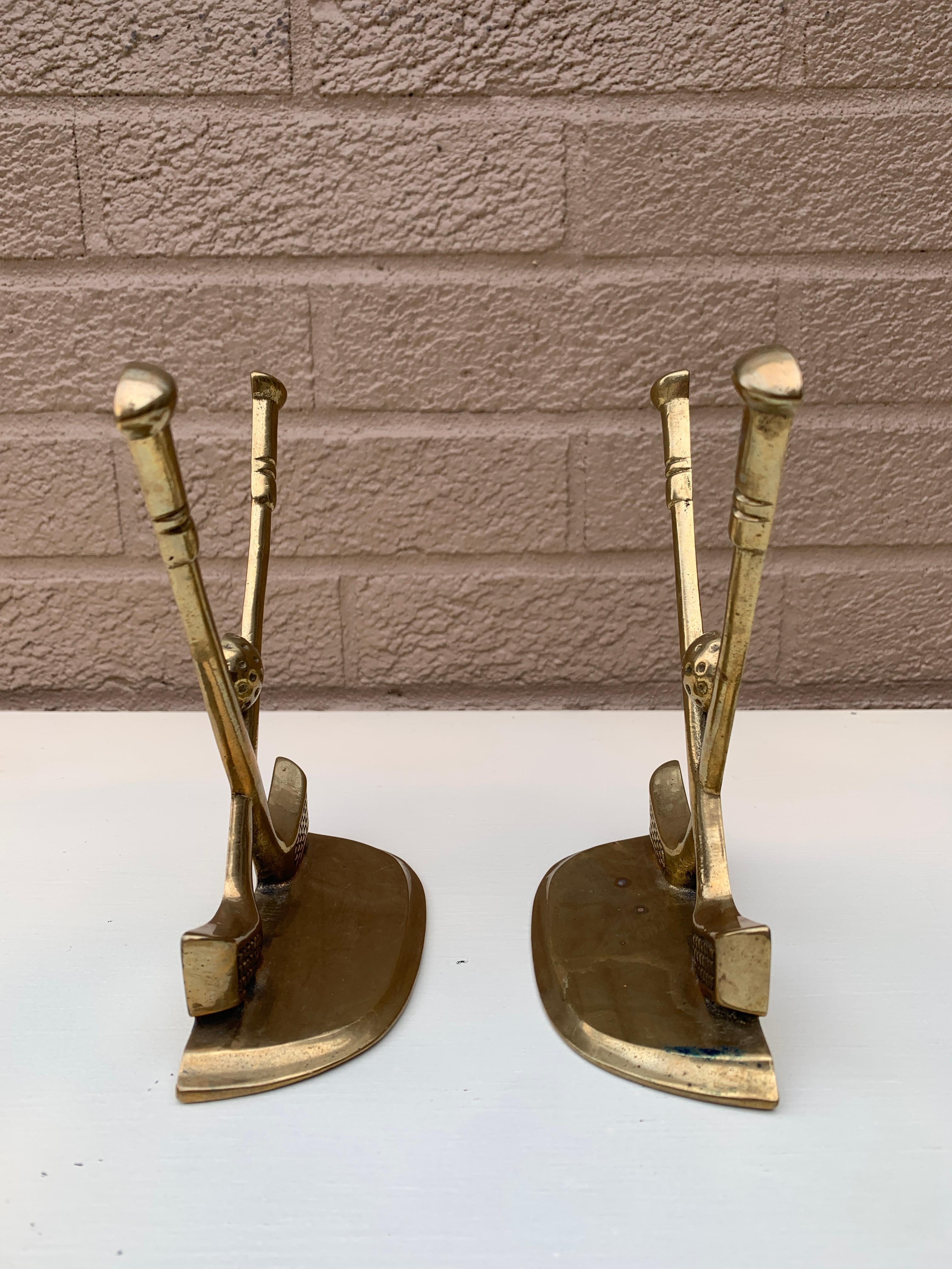 Vintage Cast Brass Double Golf Club Bookends, Pair For Sale 2