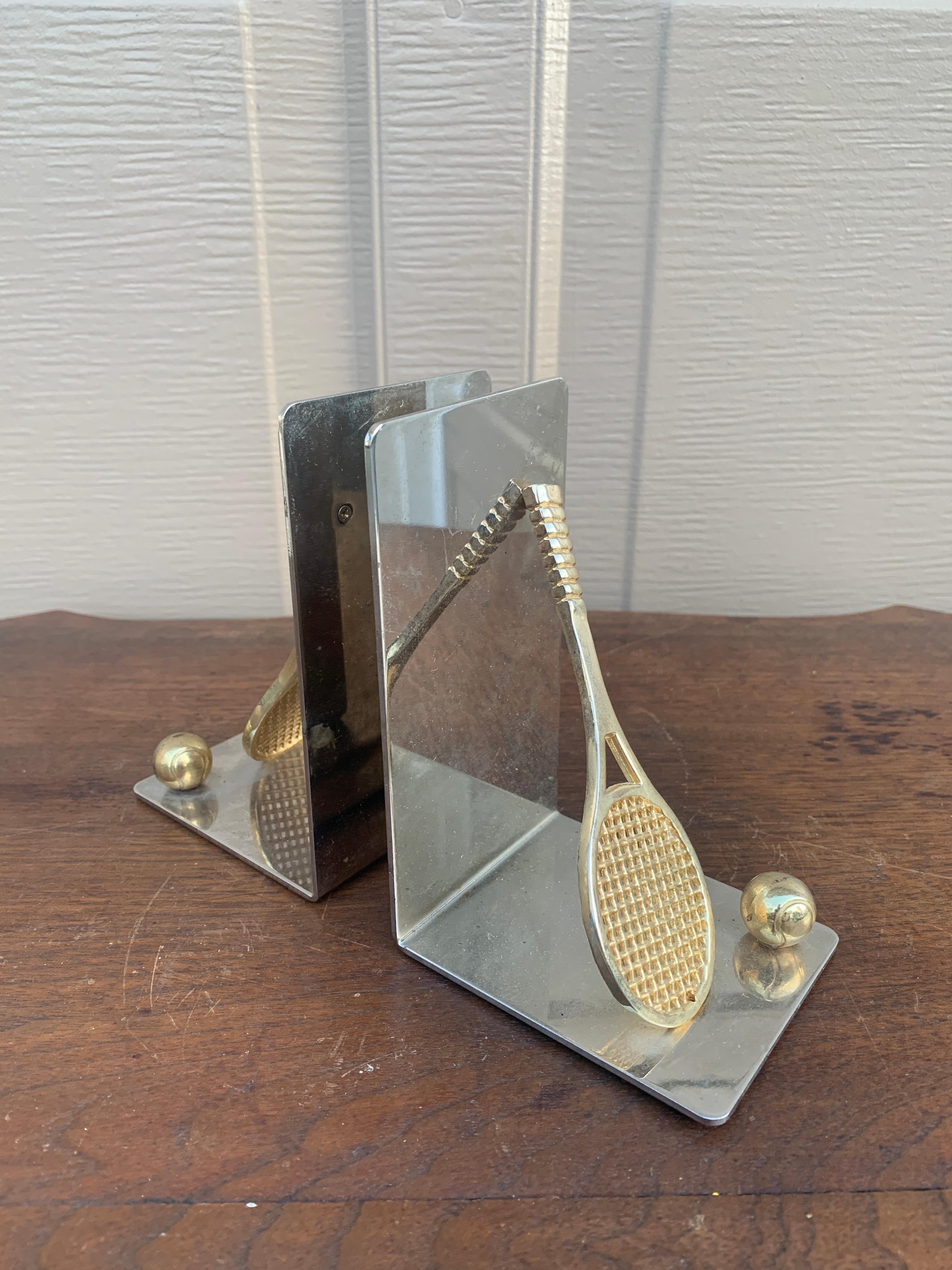 Modern Vintage Cast Brass Double Tennis Racket Bookends, Pair For Sale