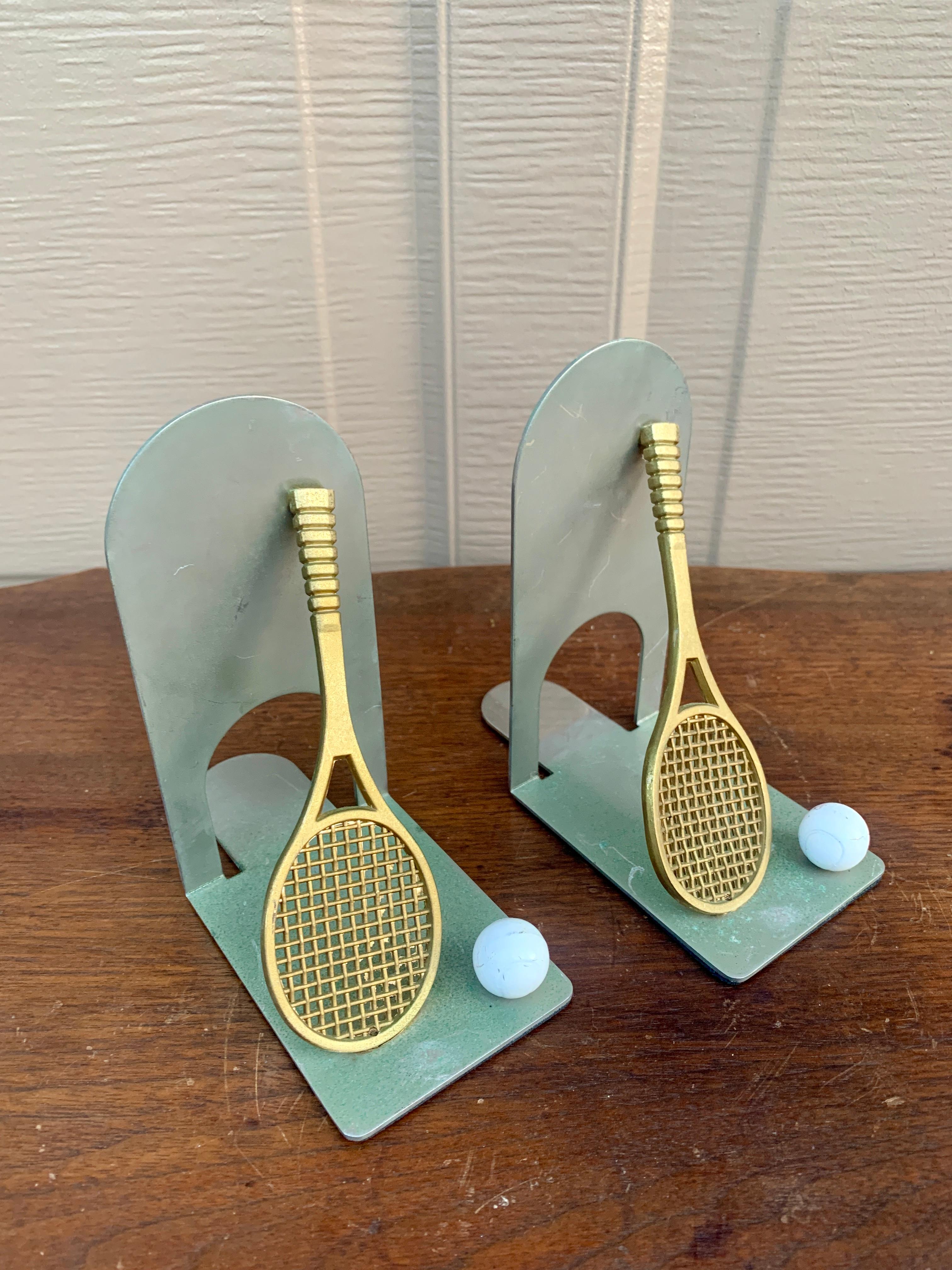 Modern Vintage Cast Brass Double Tennis Racket Bookends, Pair For Sale
