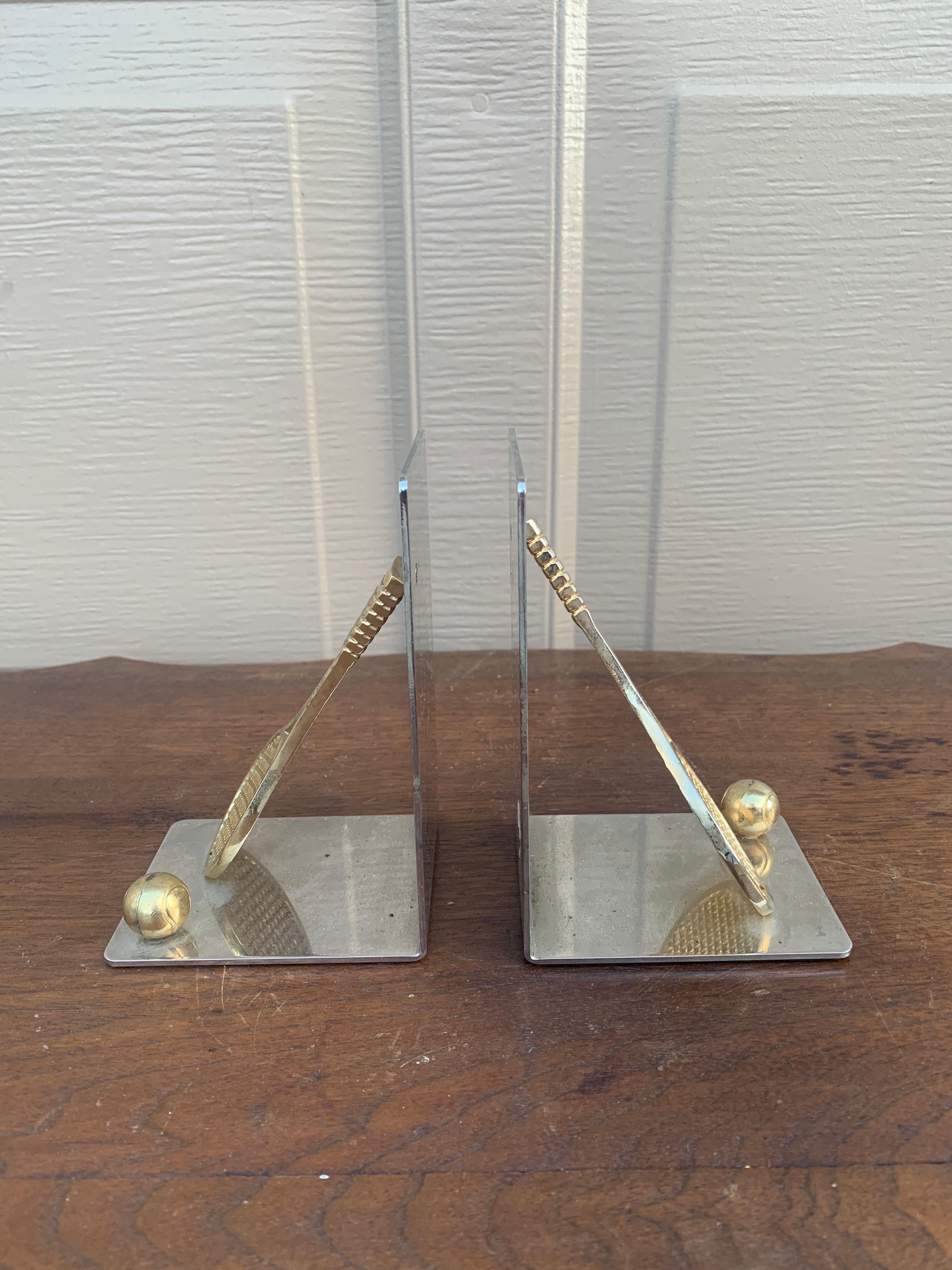 American Vintage Cast Brass Double Tennis Racket Bookends, Pair For Sale