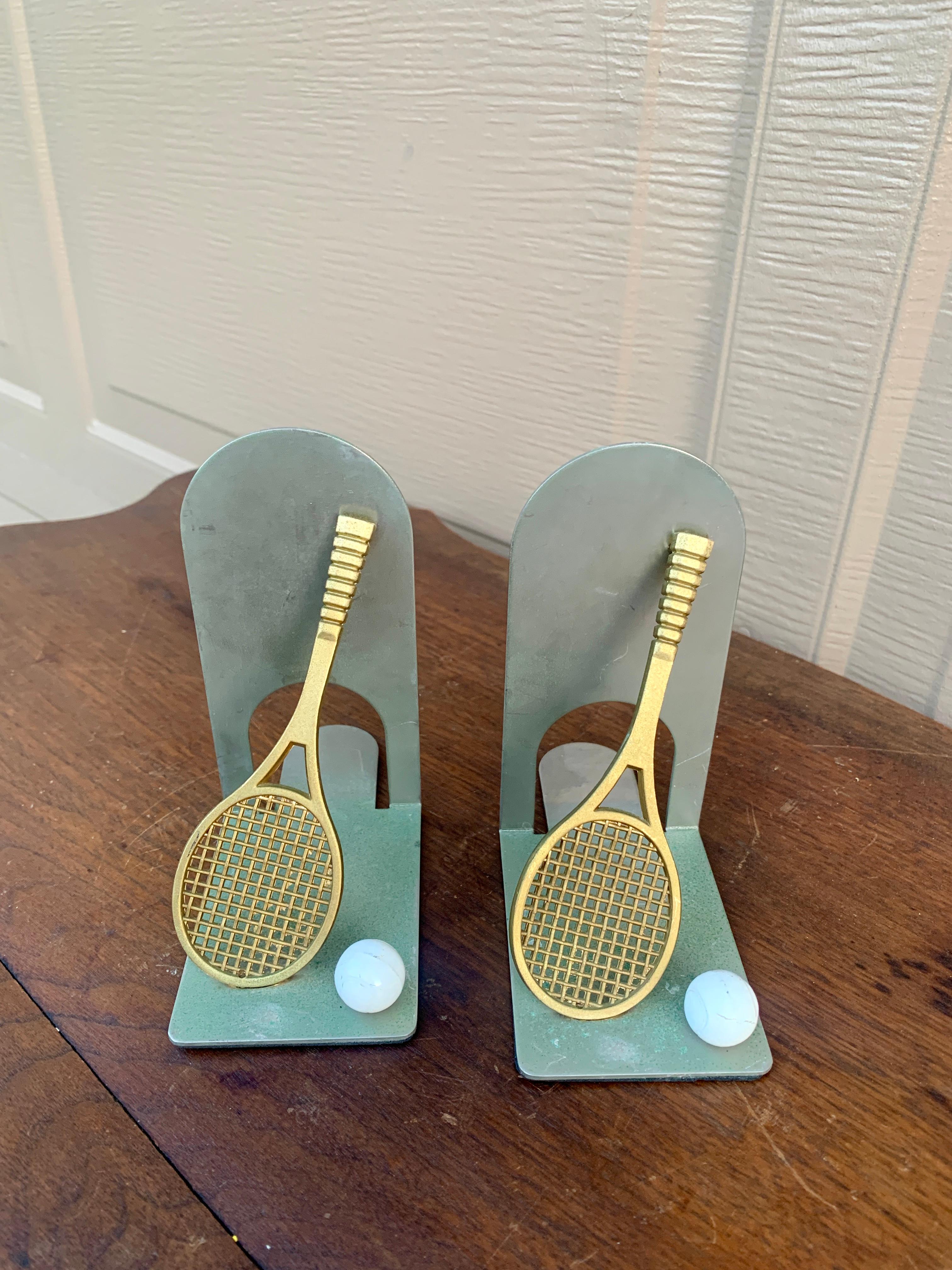 American Vintage Cast Brass Double Tennis Racket Bookends, Pair For Sale