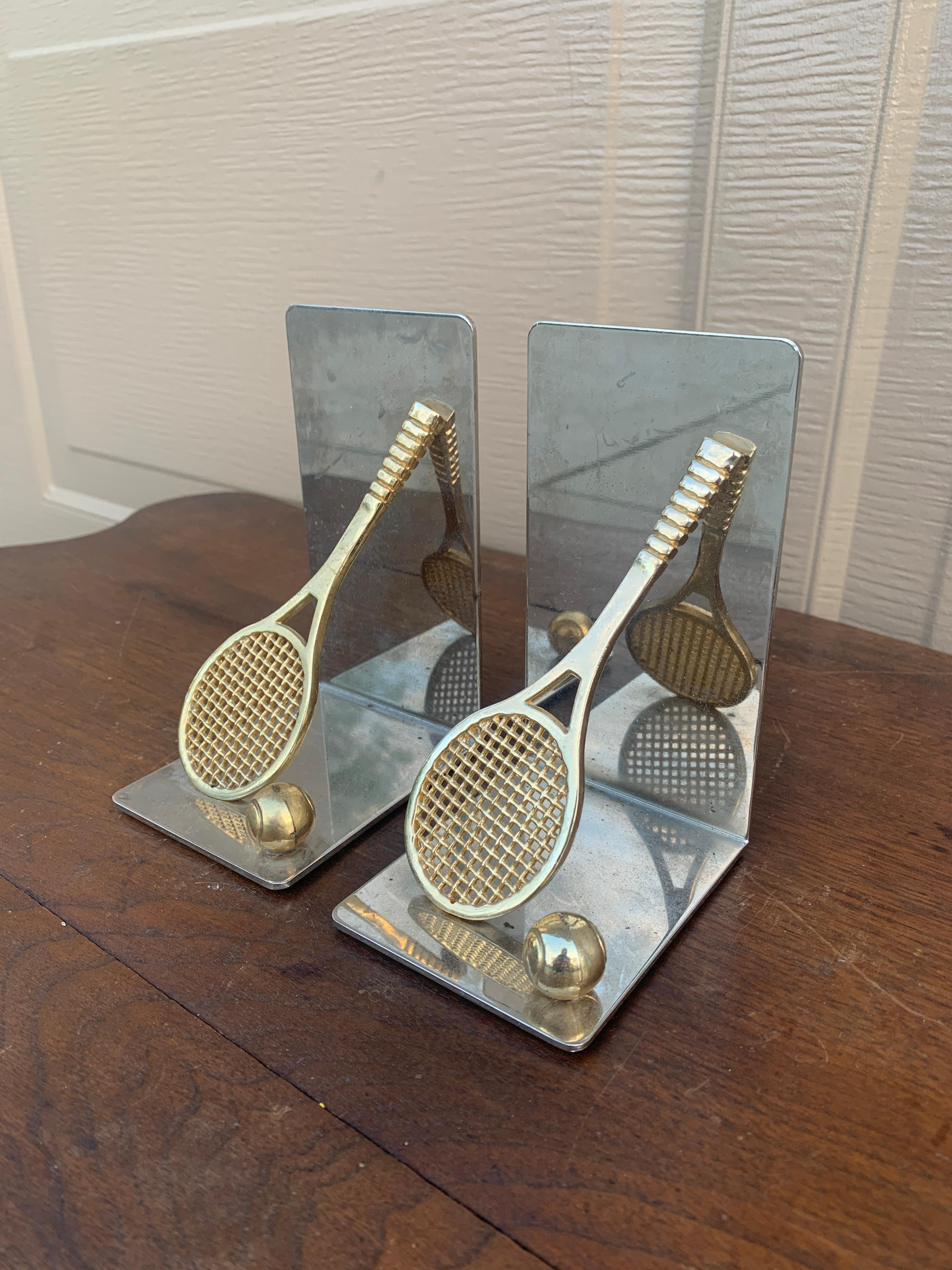 Vintage Cast Brass Double Tennis Racket Bookends, Pair In Good Condition For Sale In Elkhart, IN