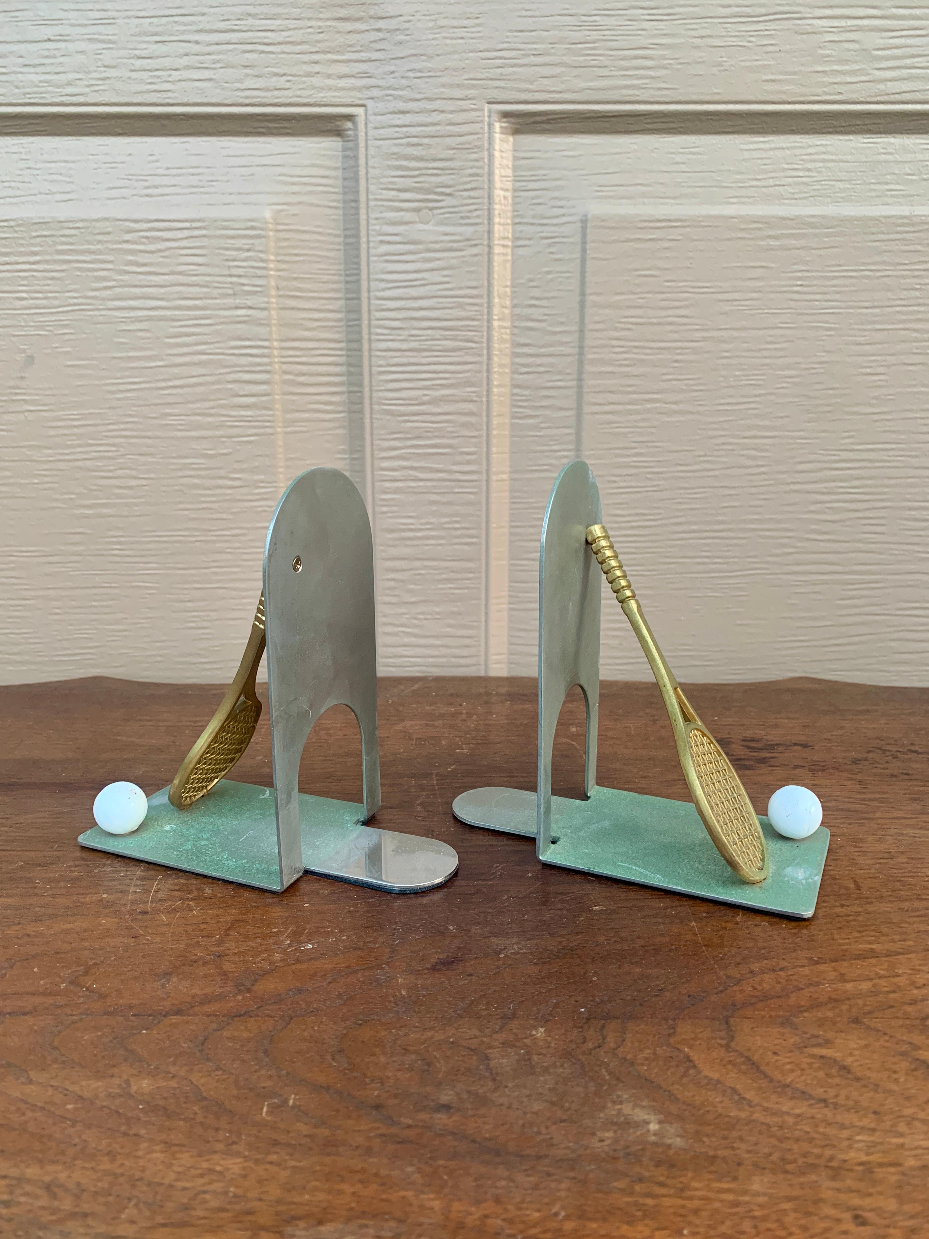 Vintage Cast Brass Double Tennis Racket Bookends, Pair In Good Condition For Sale In Elkhart, IN