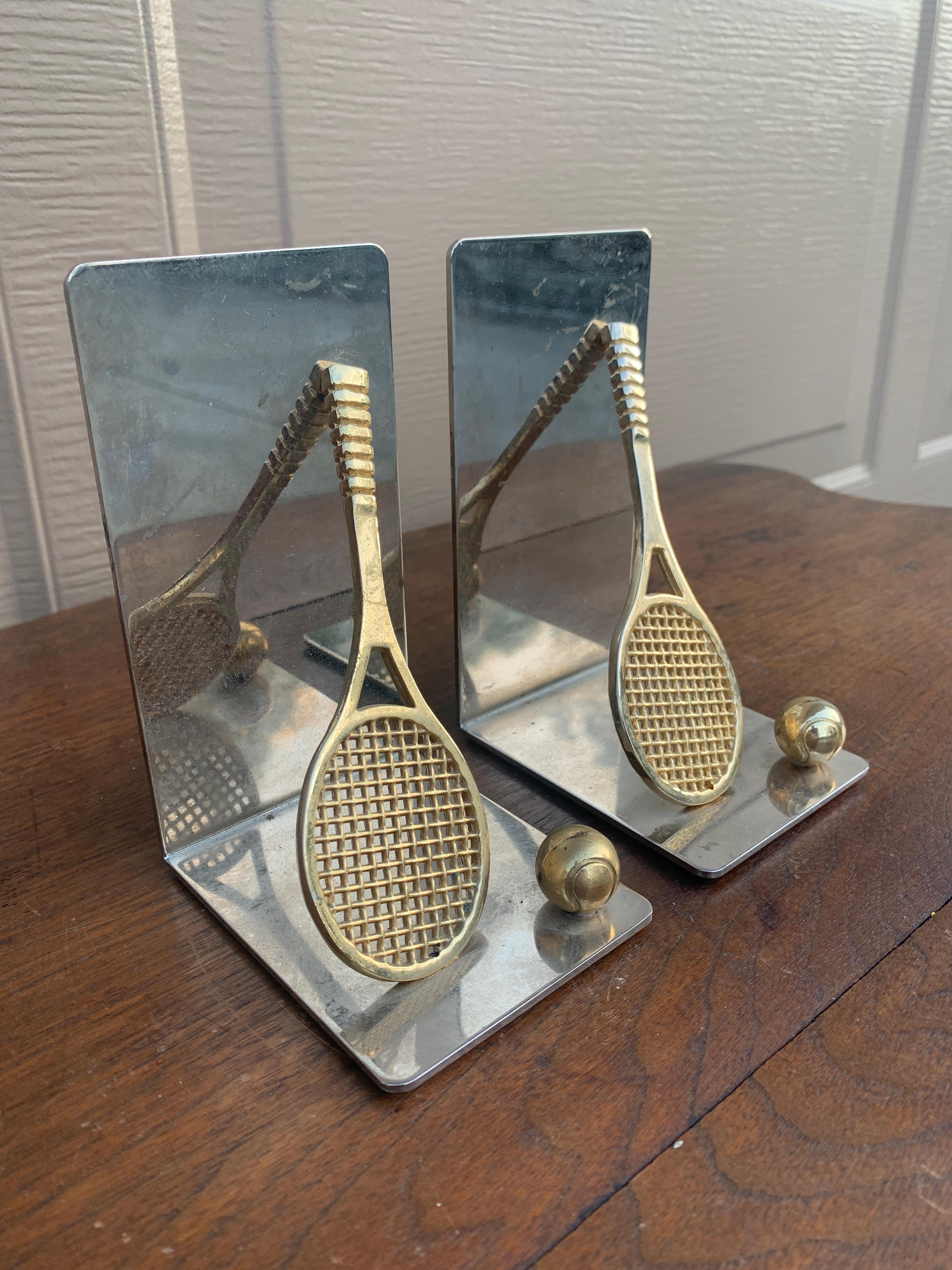 Late 20th Century Vintage Cast Brass Double Tennis Racket Bookends, Pair For Sale