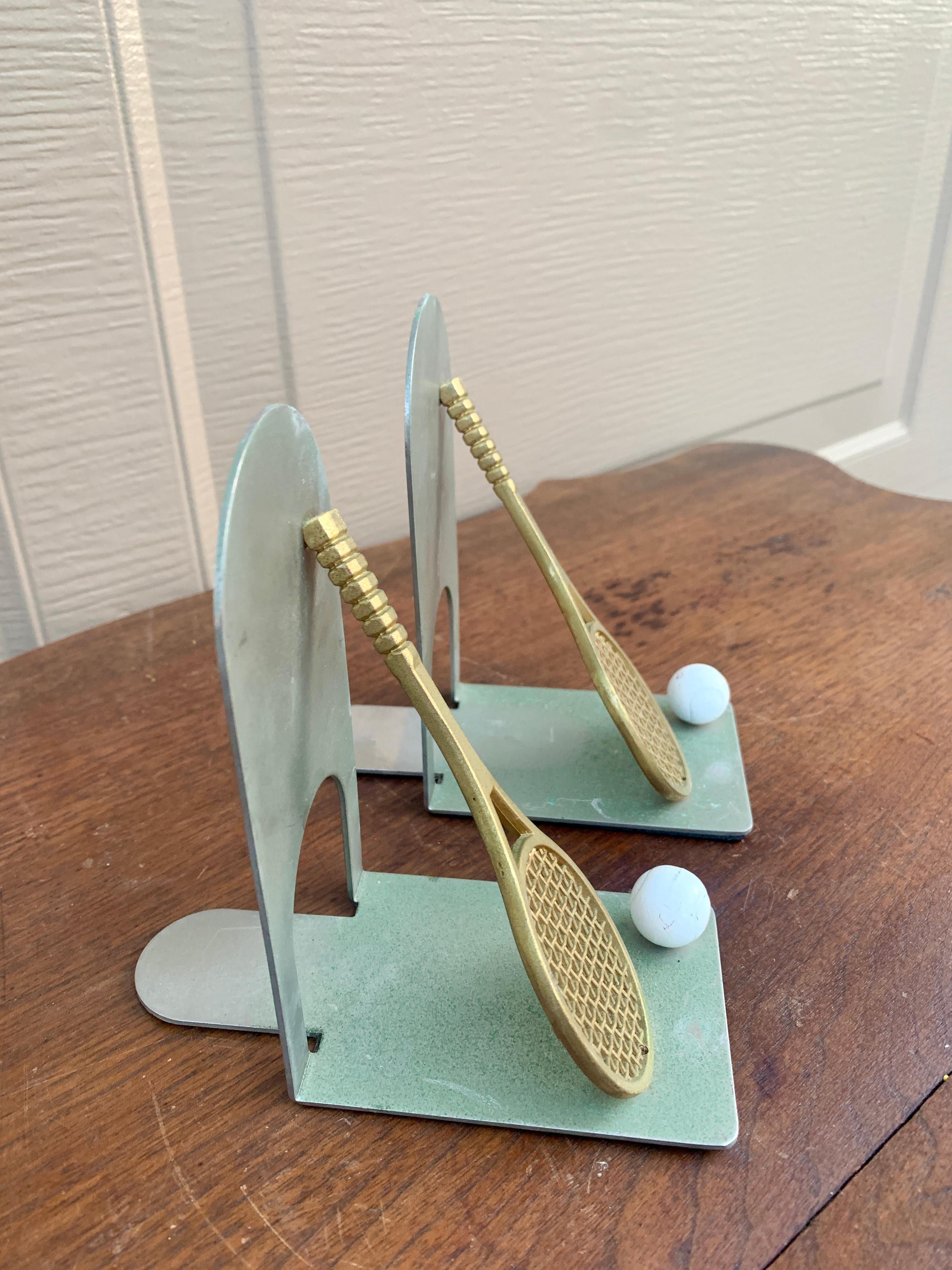Late 20th Century Vintage Cast Brass Double Tennis Racket Bookends, Pair For Sale