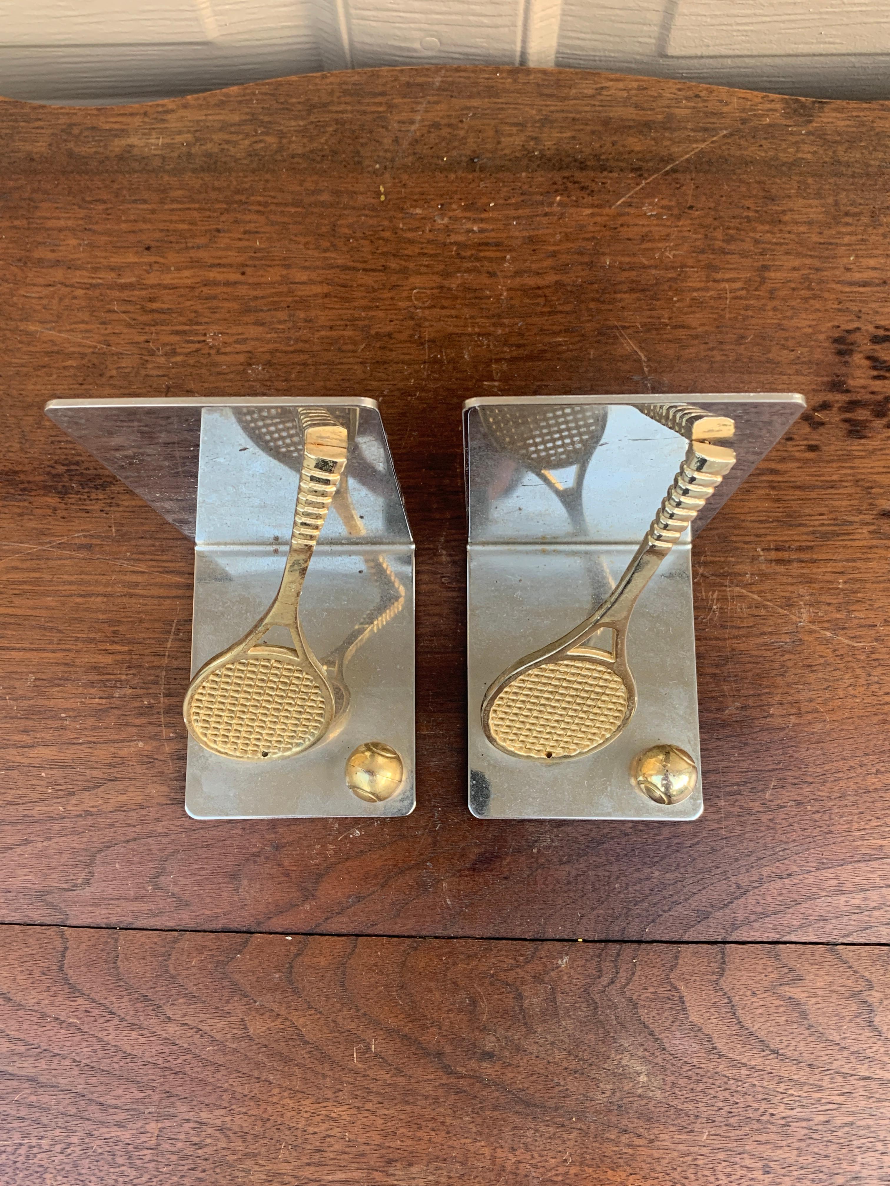 Vintage Cast Brass Double Tennis Racket Bookends, Pair For Sale 1