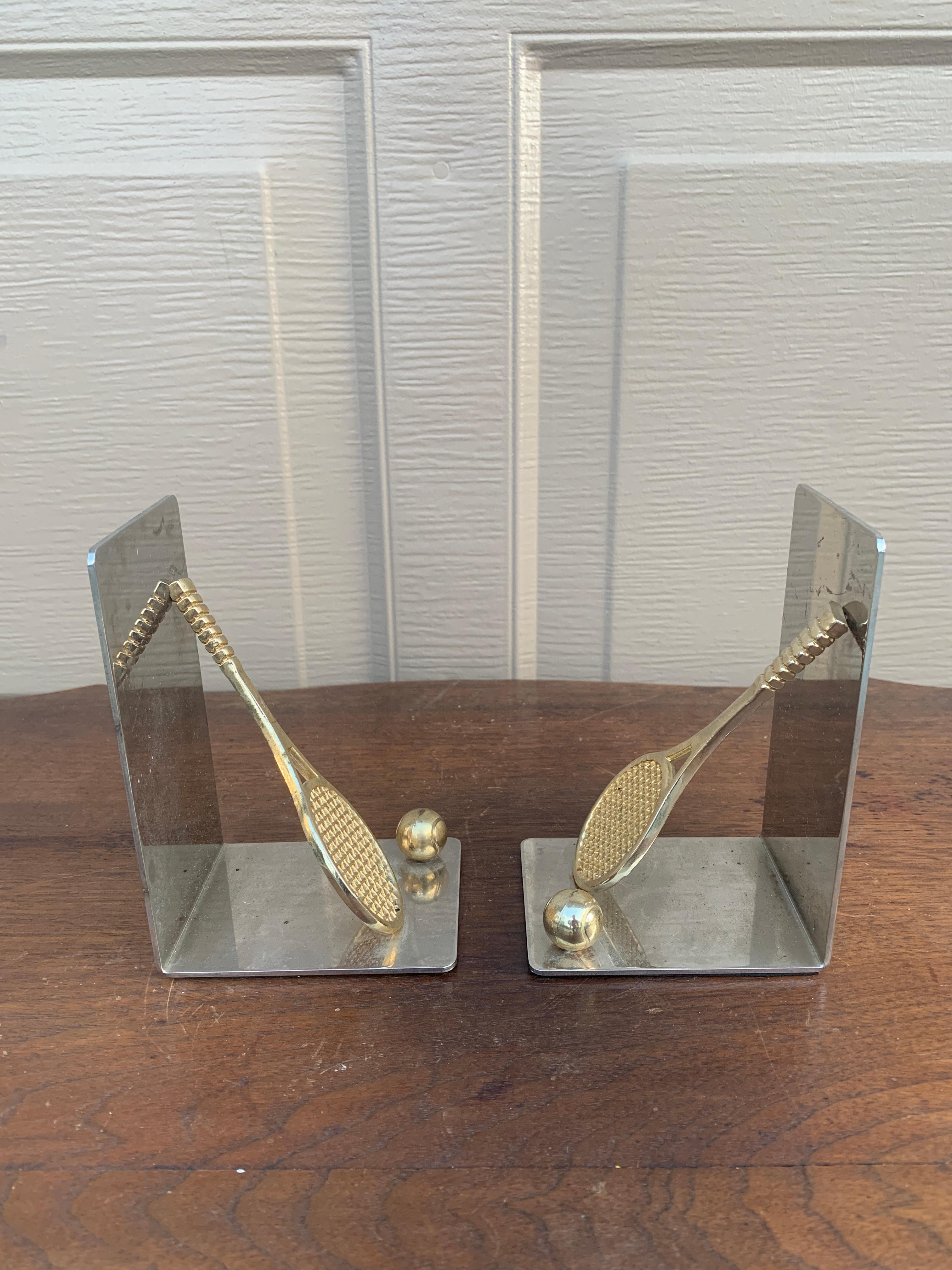 Vintage Cast Brass Double Tennis Racket Bookends, Pair For Sale 2