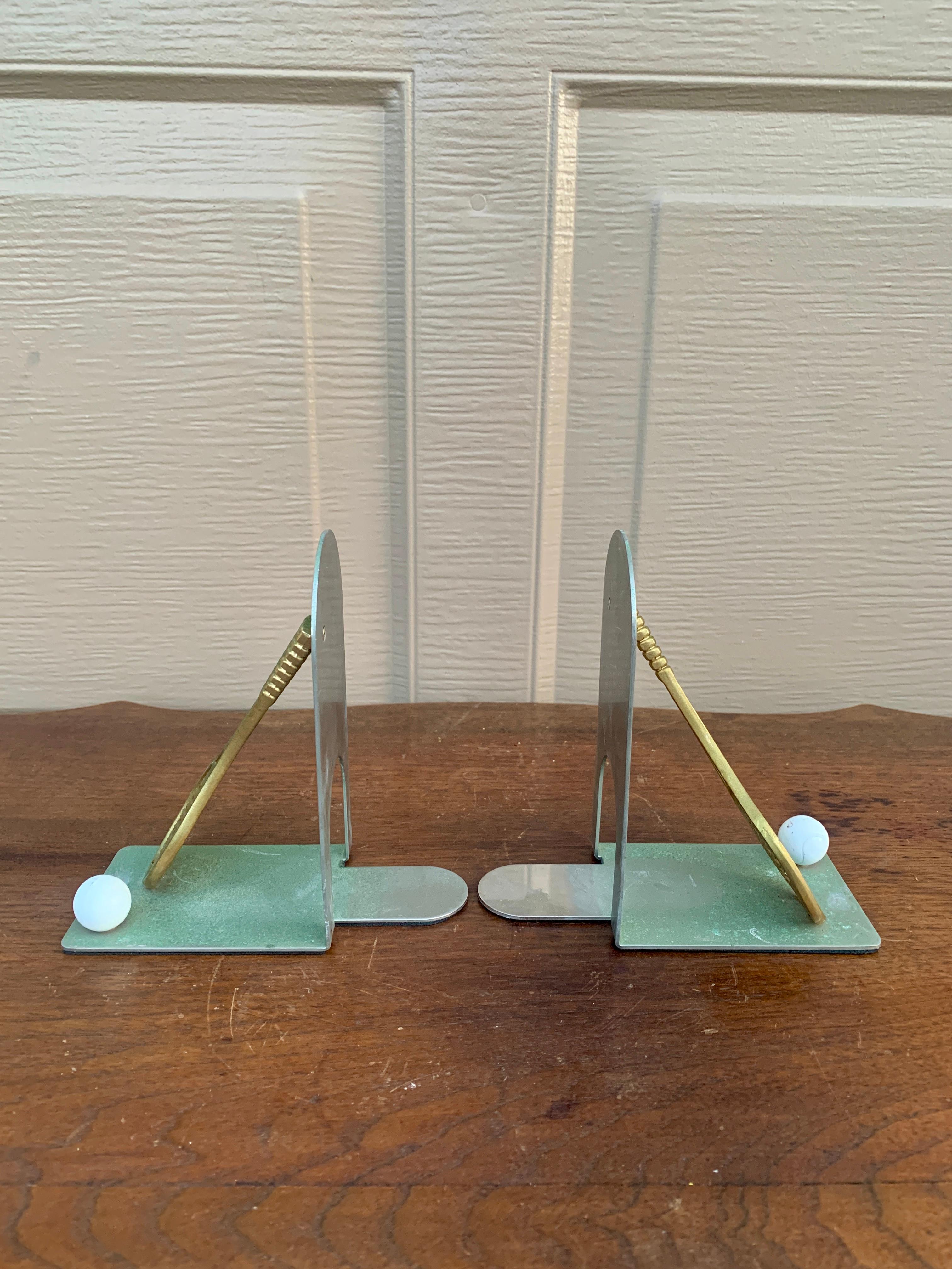 Vintage Cast Brass Double Tennis Racket Bookends, Pair For Sale 2