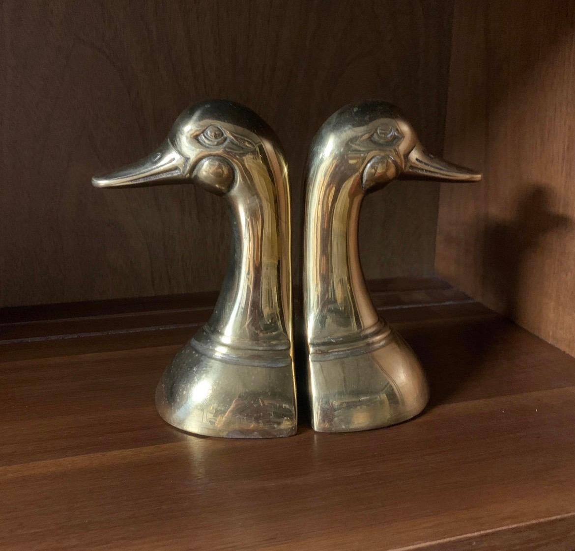 Vintage Cast Brass Duck Head Bookends, a Pair 1