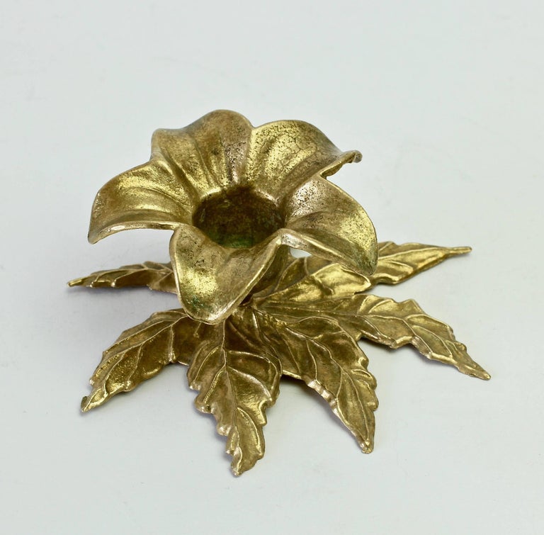 Vintage Cast Brass Flower and Leaf Candlestick Holder or Candelabra, circa 1940s at 1stDibs