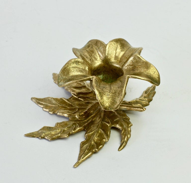 Vintage Cast Brass Flower and Leaf Candlestick Holder or Candelabra, circa 1940s at 1stDibs