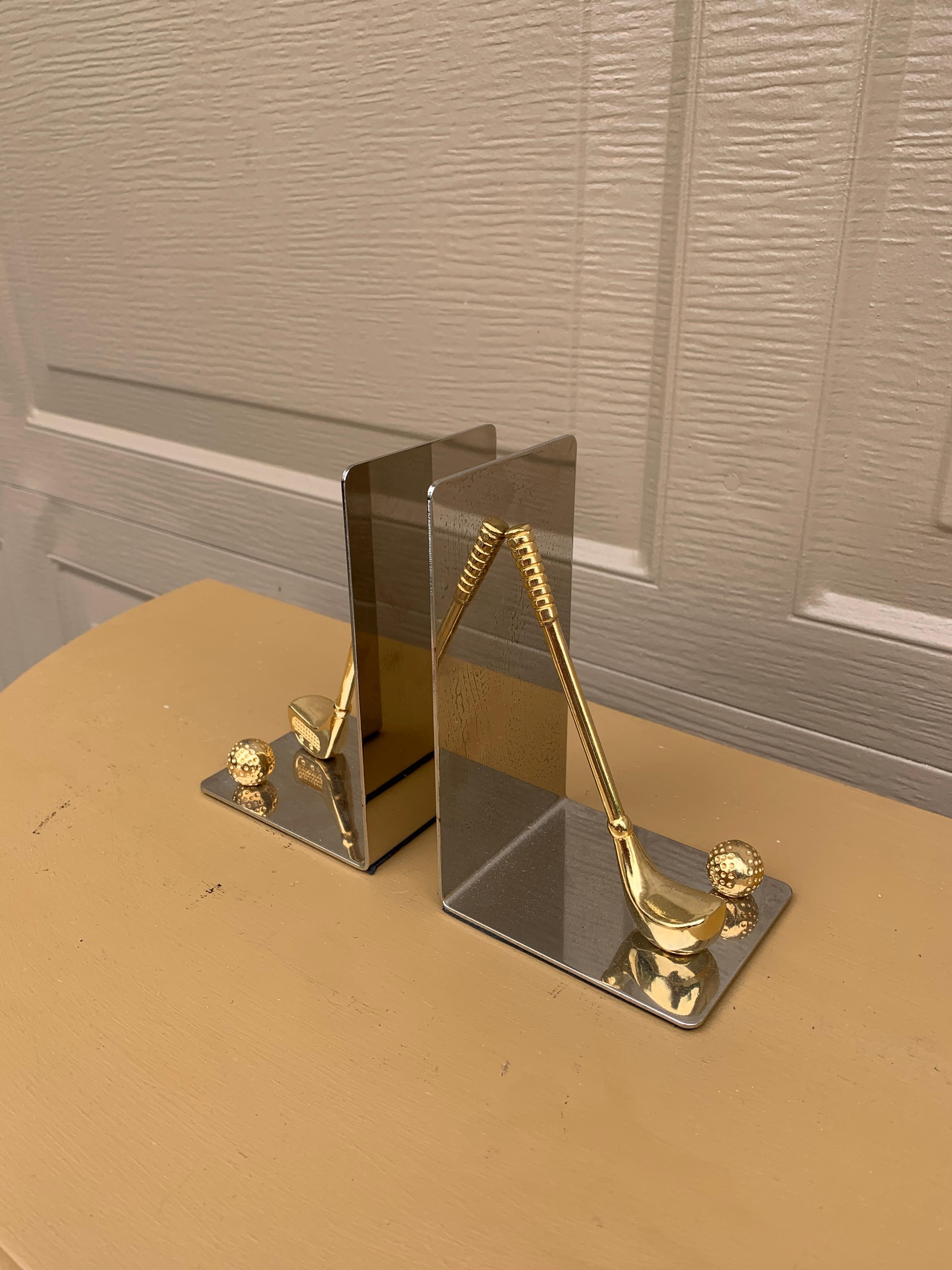 Modern Vintage Cast Brass Golf Club Bookends, Pair For Sale