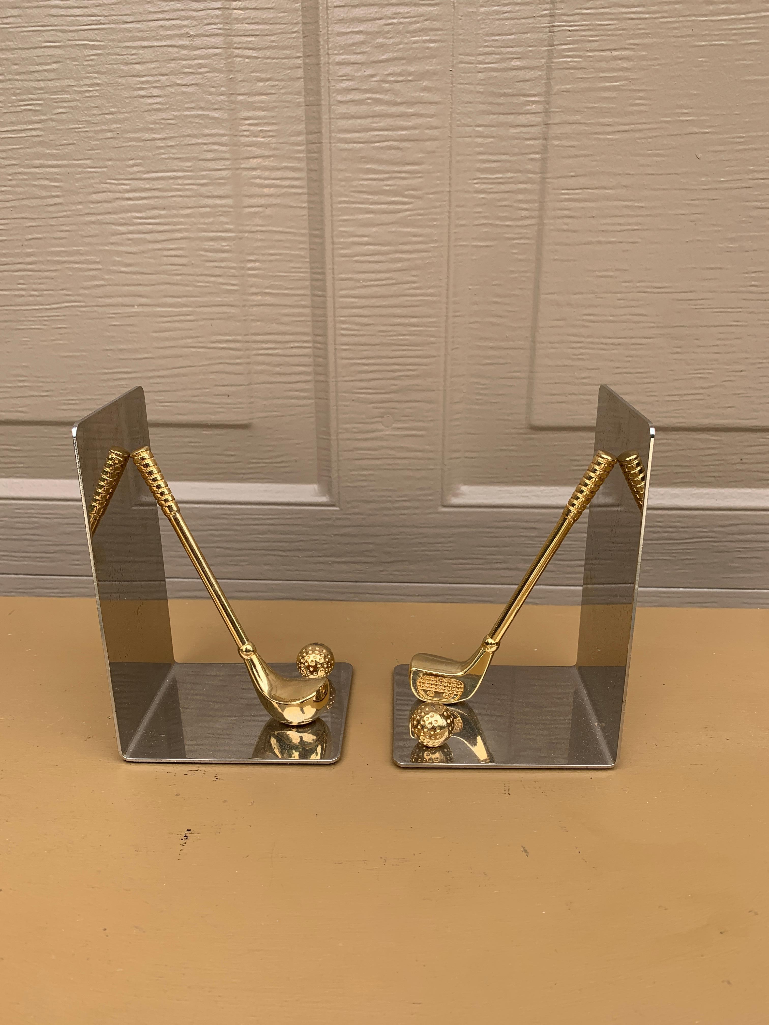 Late 20th Century Vintage Cast Brass Golf Club Bookends, Pair For Sale