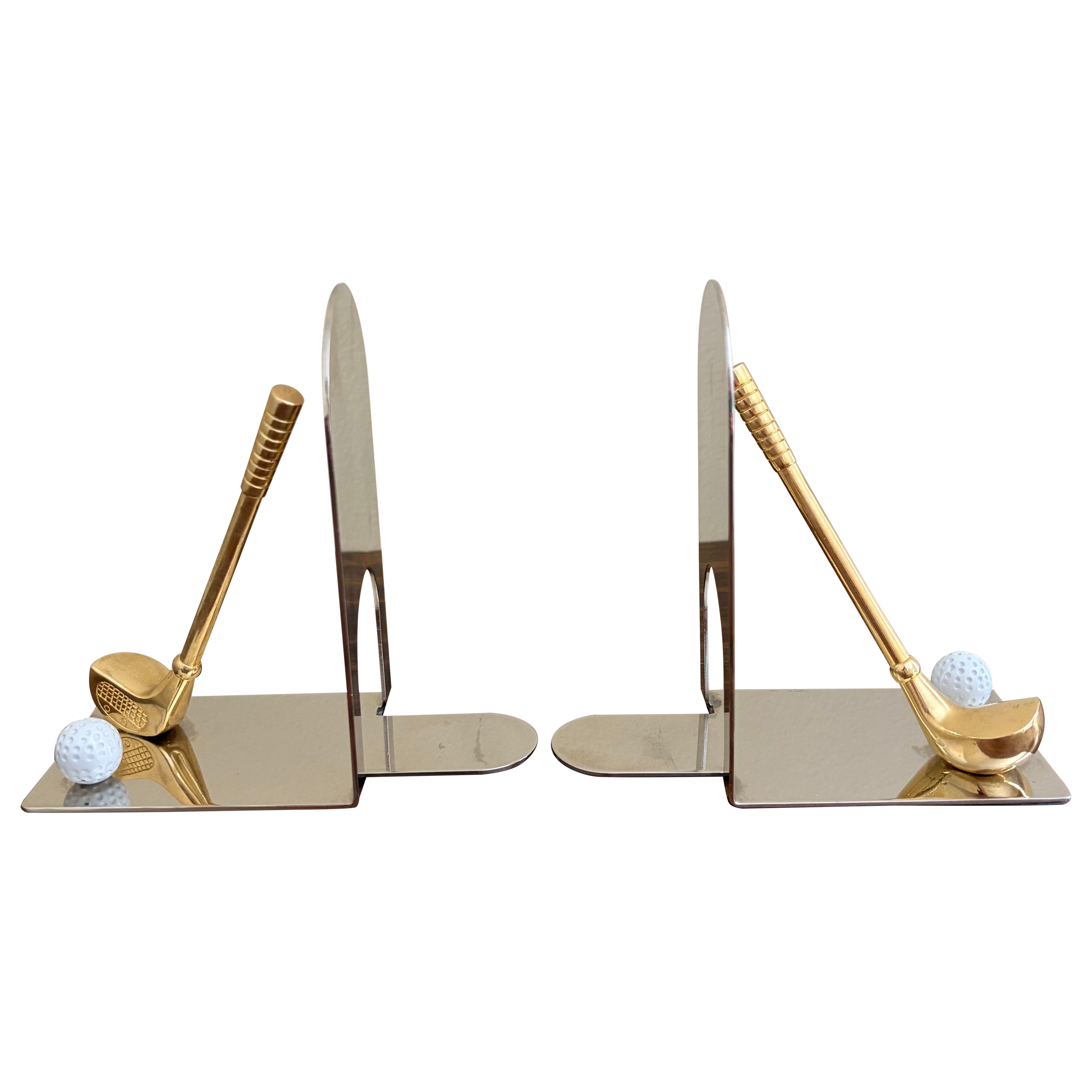 Vintage Cast Brass Golf Club Bookends, Pair