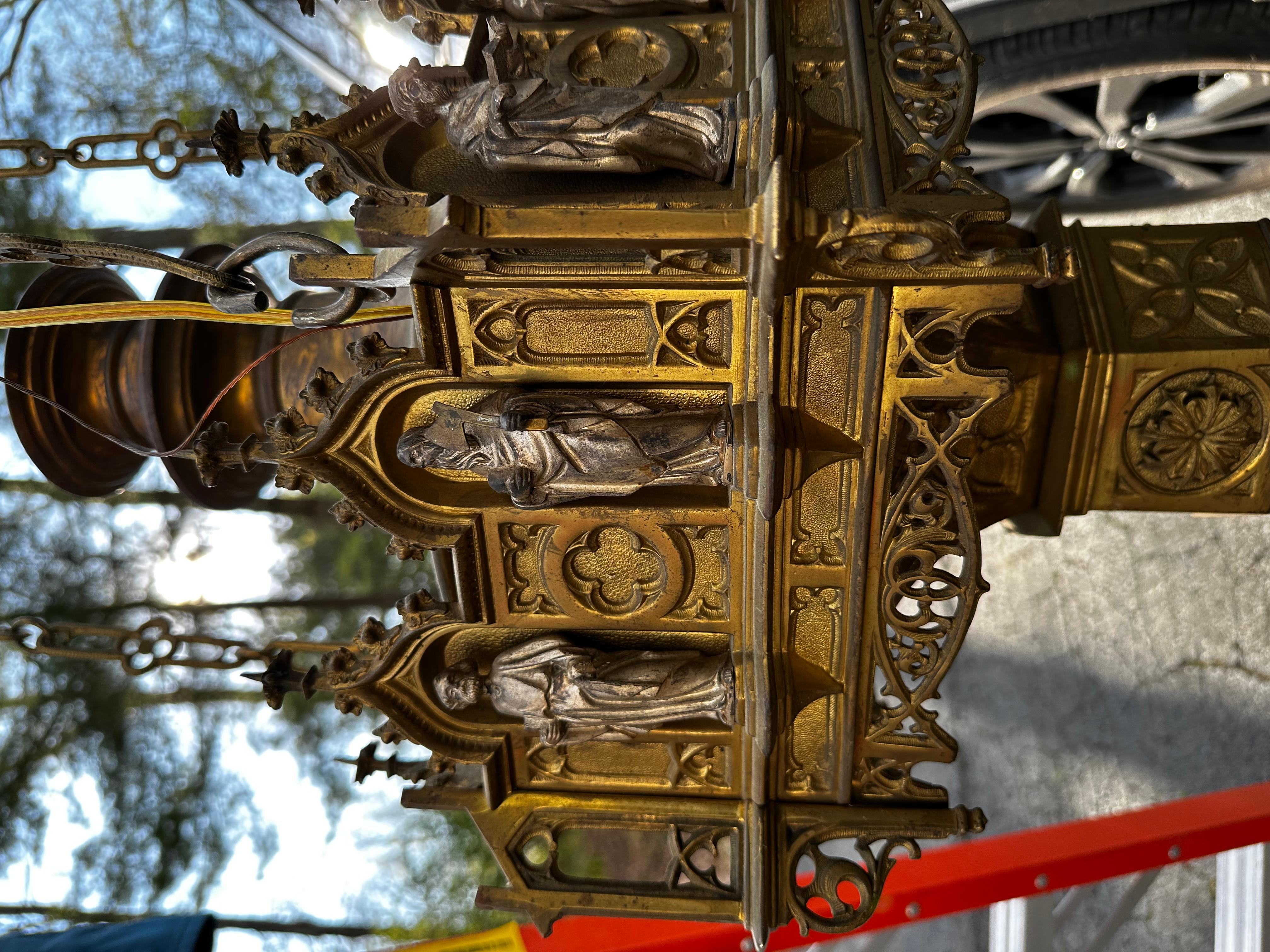 Gothic Vintage Cast Brass Hanging Fixture Depicting the 12 Apostles For Sale