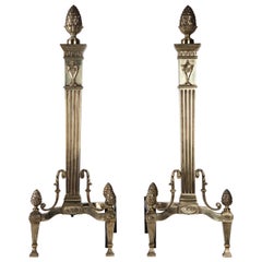 Vintage Cast Brass Neoclassical Andirons with Pinecone Finials, circa 1900