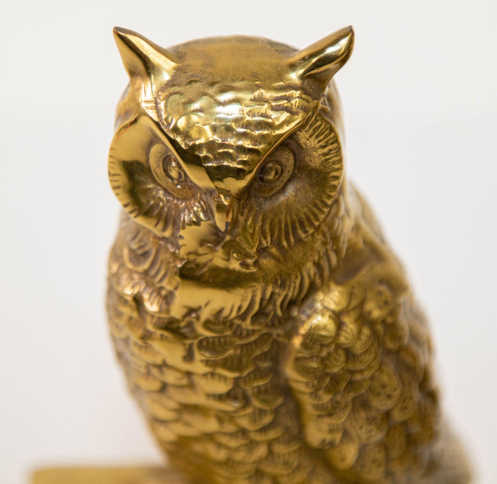 20th Century Vintage Cast Brass Owl Figurine Sculpture Bookends Mid-Century Modern 1950s For Sale