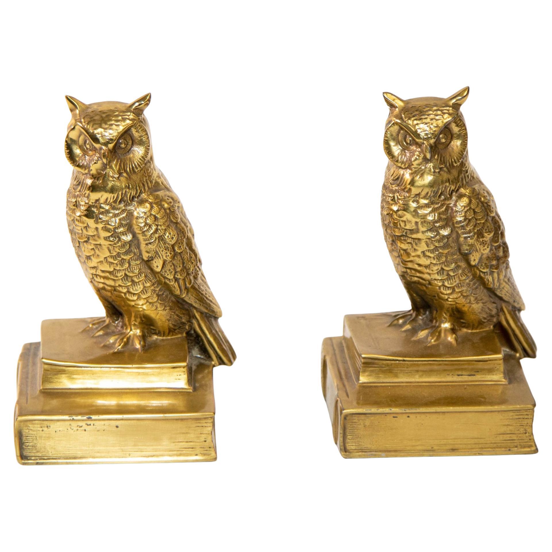 Vintage Cast Brass Owl Figurine Sculpture Bookends Mid-Century Modern 1950s For Sale