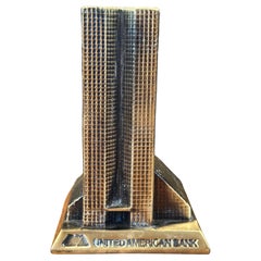 Vintage Cast Brass "United American Bank" Building Coin Bank