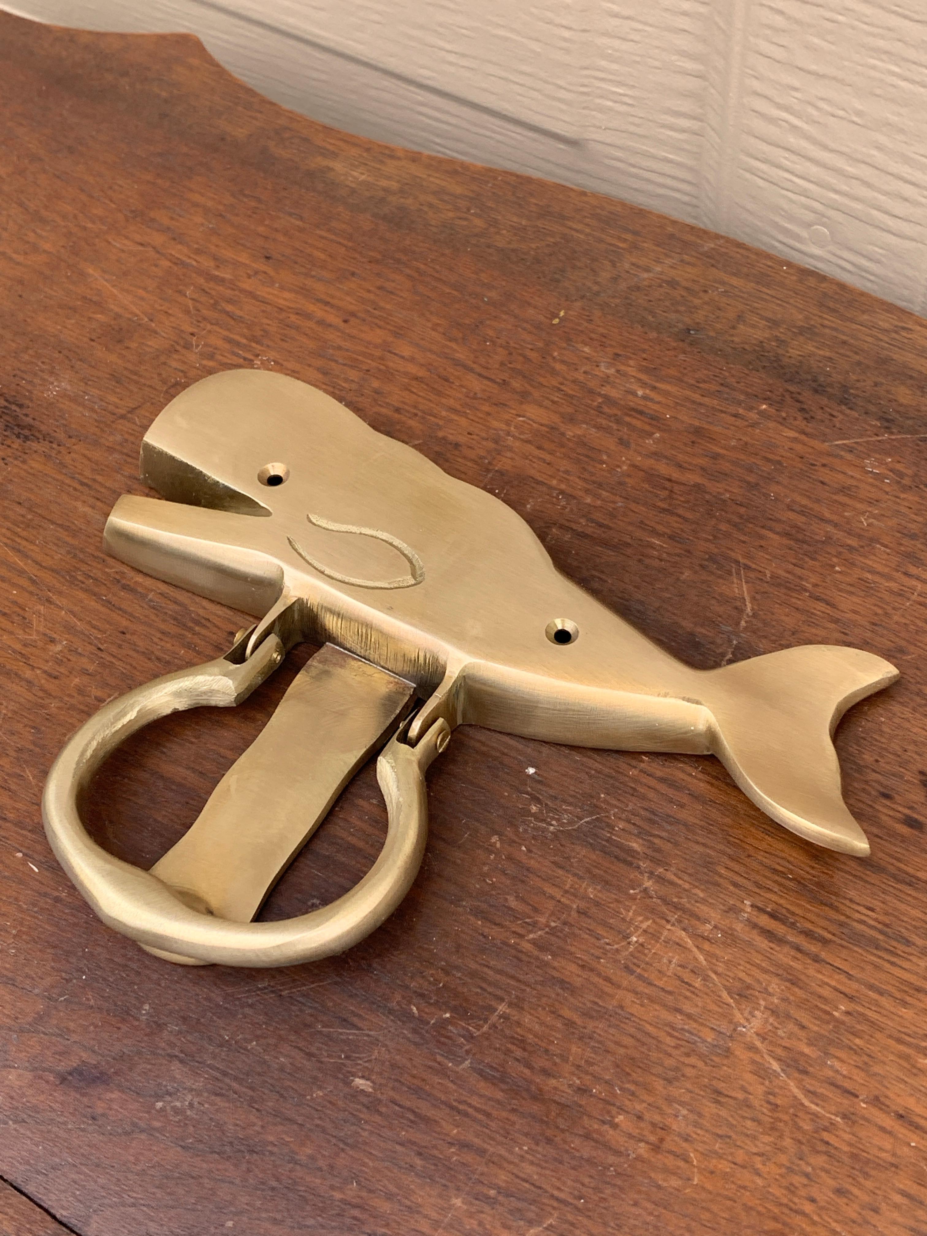 Country Vintage Cast Brass Whale Door Knocker For Sale