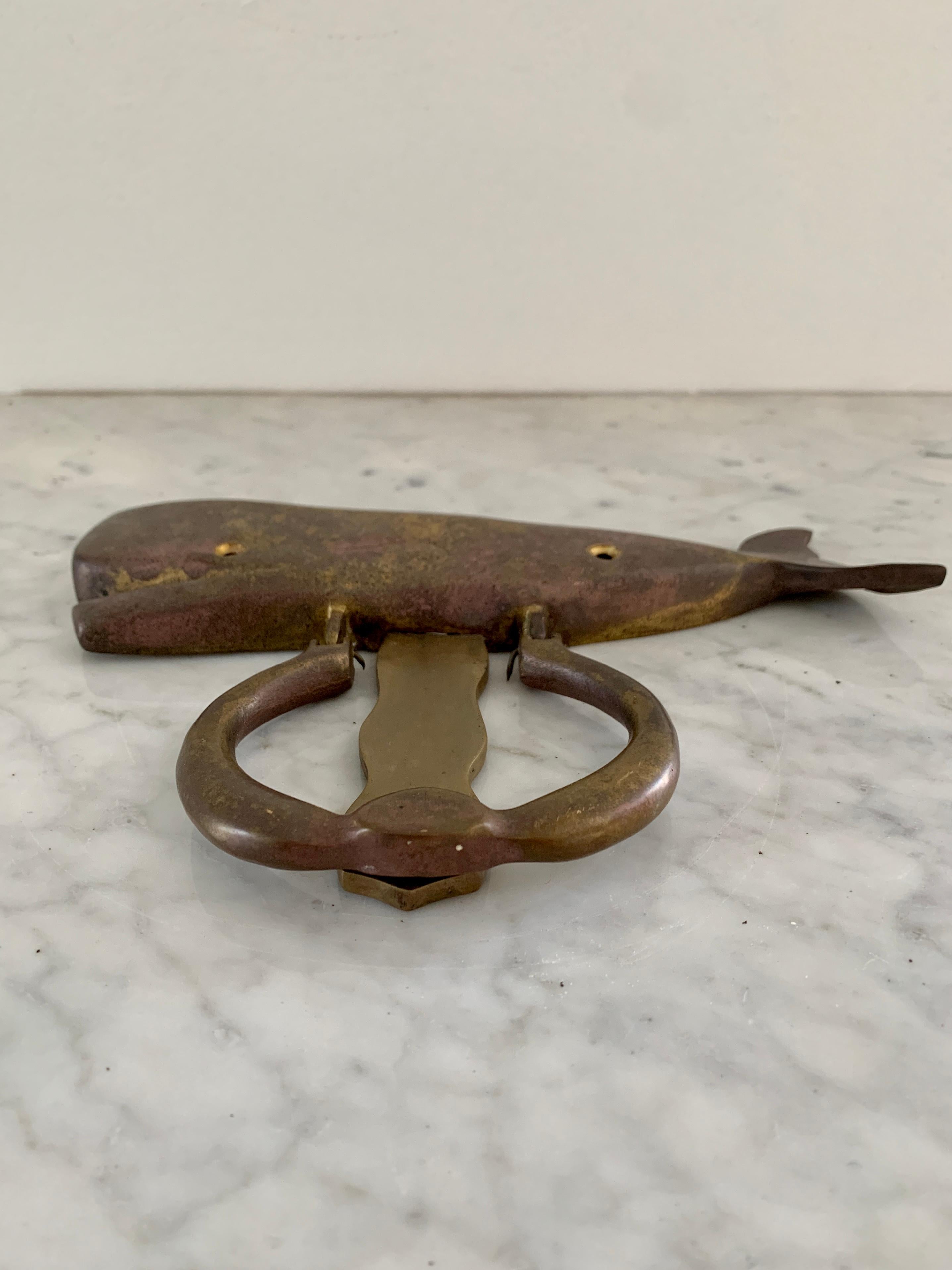 Vintage Cast Brass Whale Door Knocker In Good Condition In Elkhart, IN
