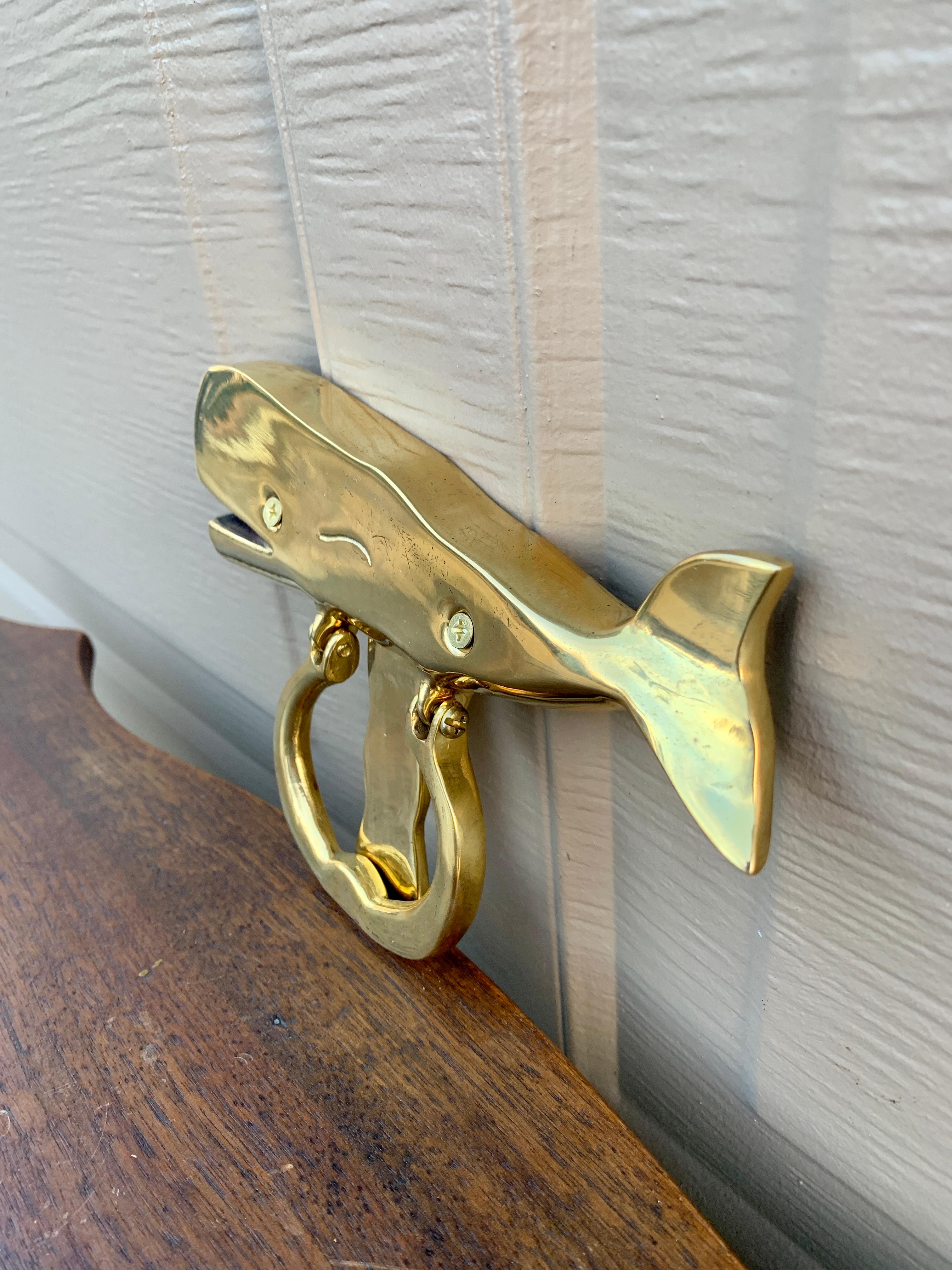 Vintage Cast Brass Whale Door Knocker In Good Condition In Elkhart, IN