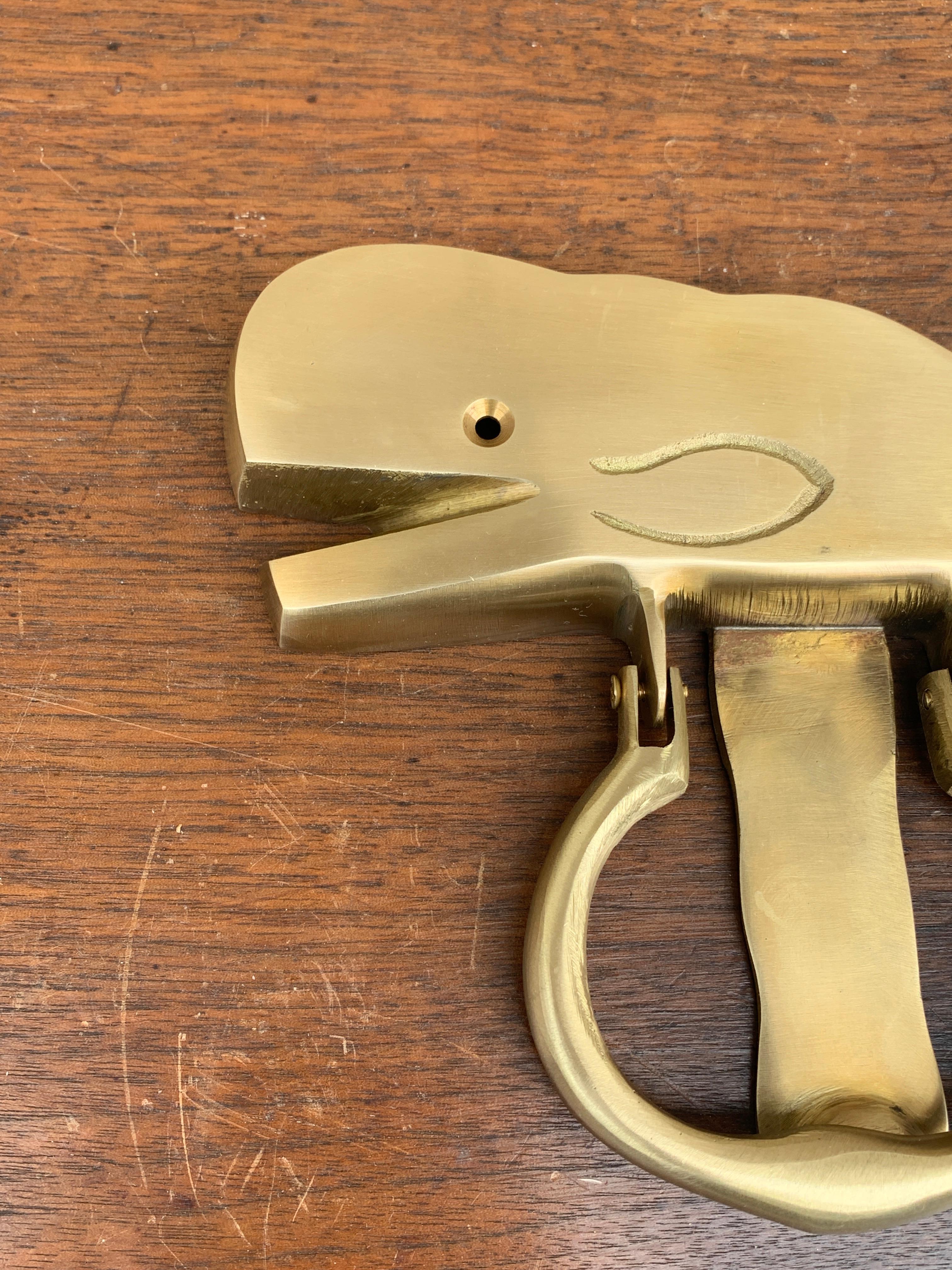 Vintage Cast Brass Whale Door Knocker In Good Condition In Elkhart, IN