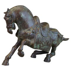 Vintage Cast Bronze Chinese Tang Dynasty Warrior Horse Sculpture Statue