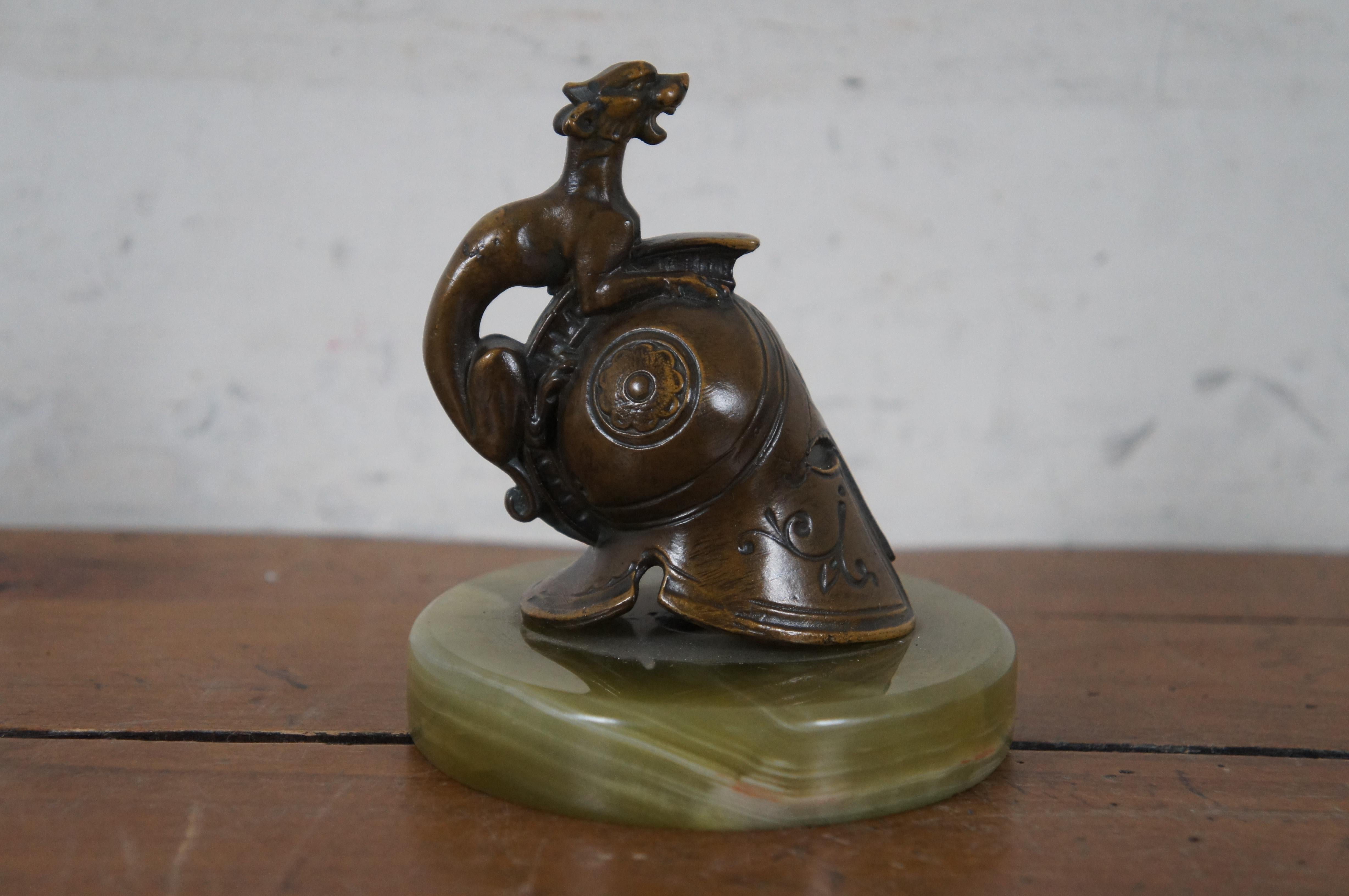 Vintage Cast Bronze Green Marble Spartan Helmet Paperweight Bookend 4.5 In Good Condition For Sale In Dayton, OH