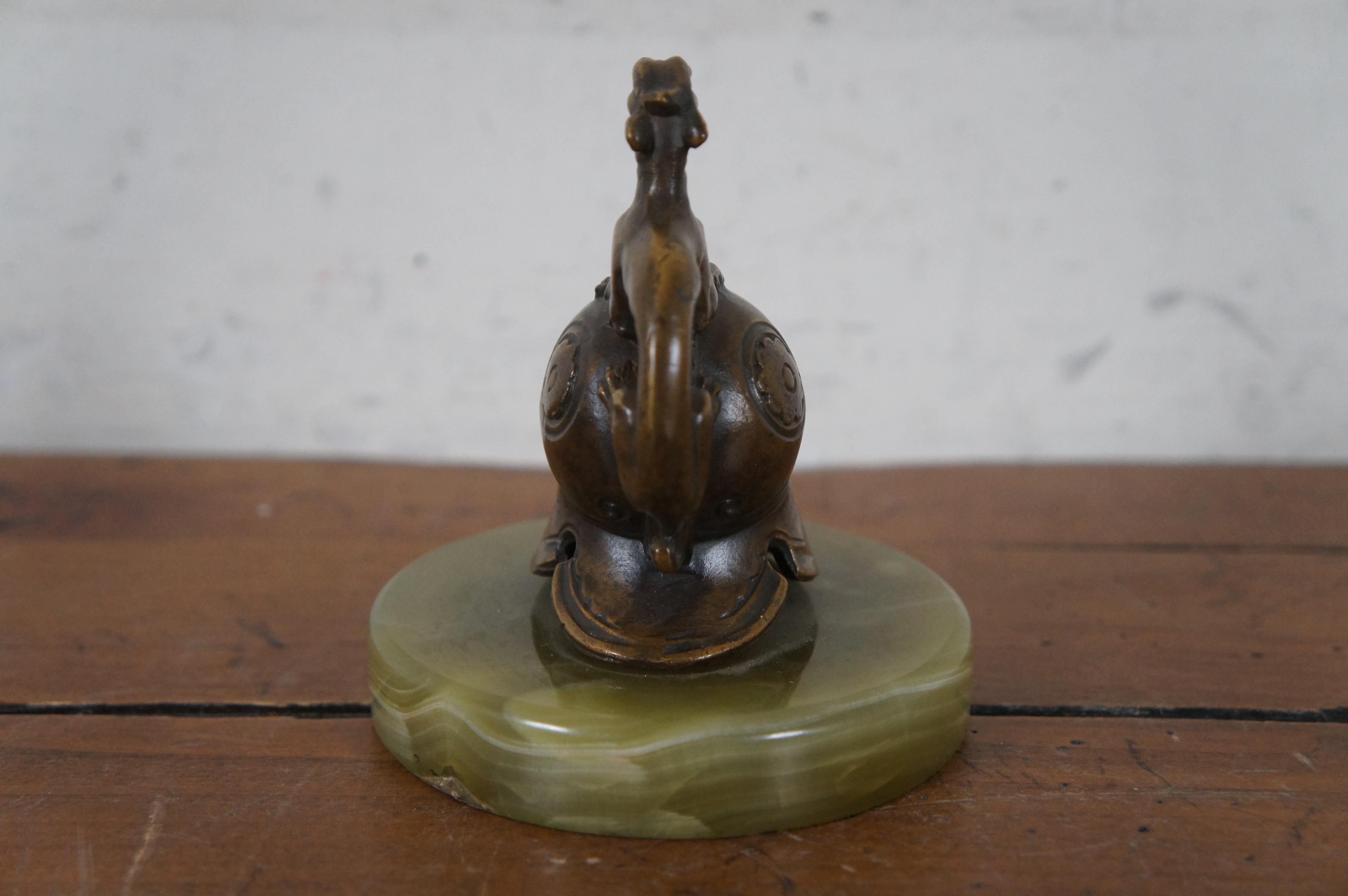 20th Century Vintage Cast Bronze Green Marble Spartan Helmet Paperweight Bookend 4.5 For Sale