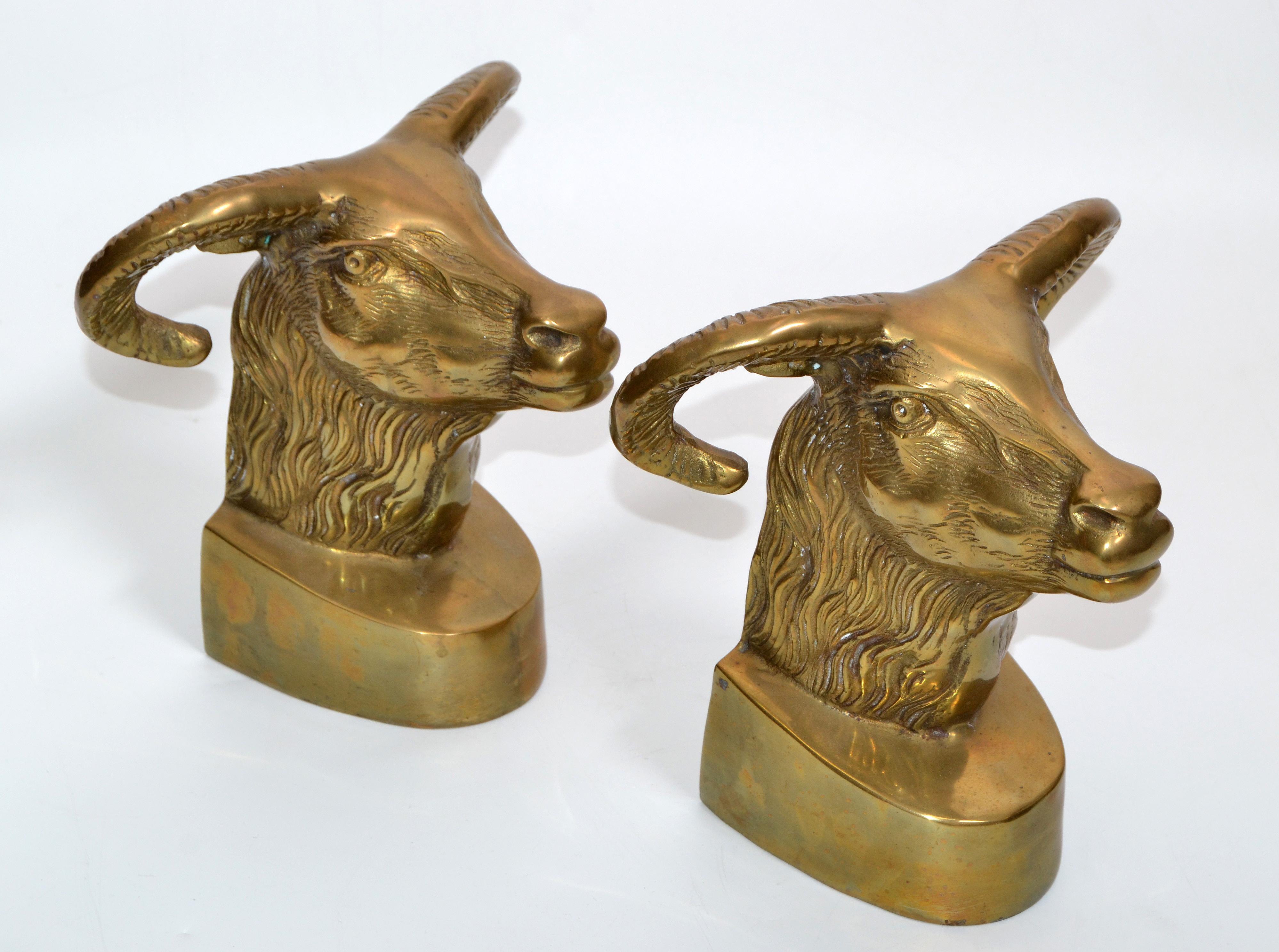 Mid-Century Modern Vintage Cast Bronze Rams Head Bookends, Pair