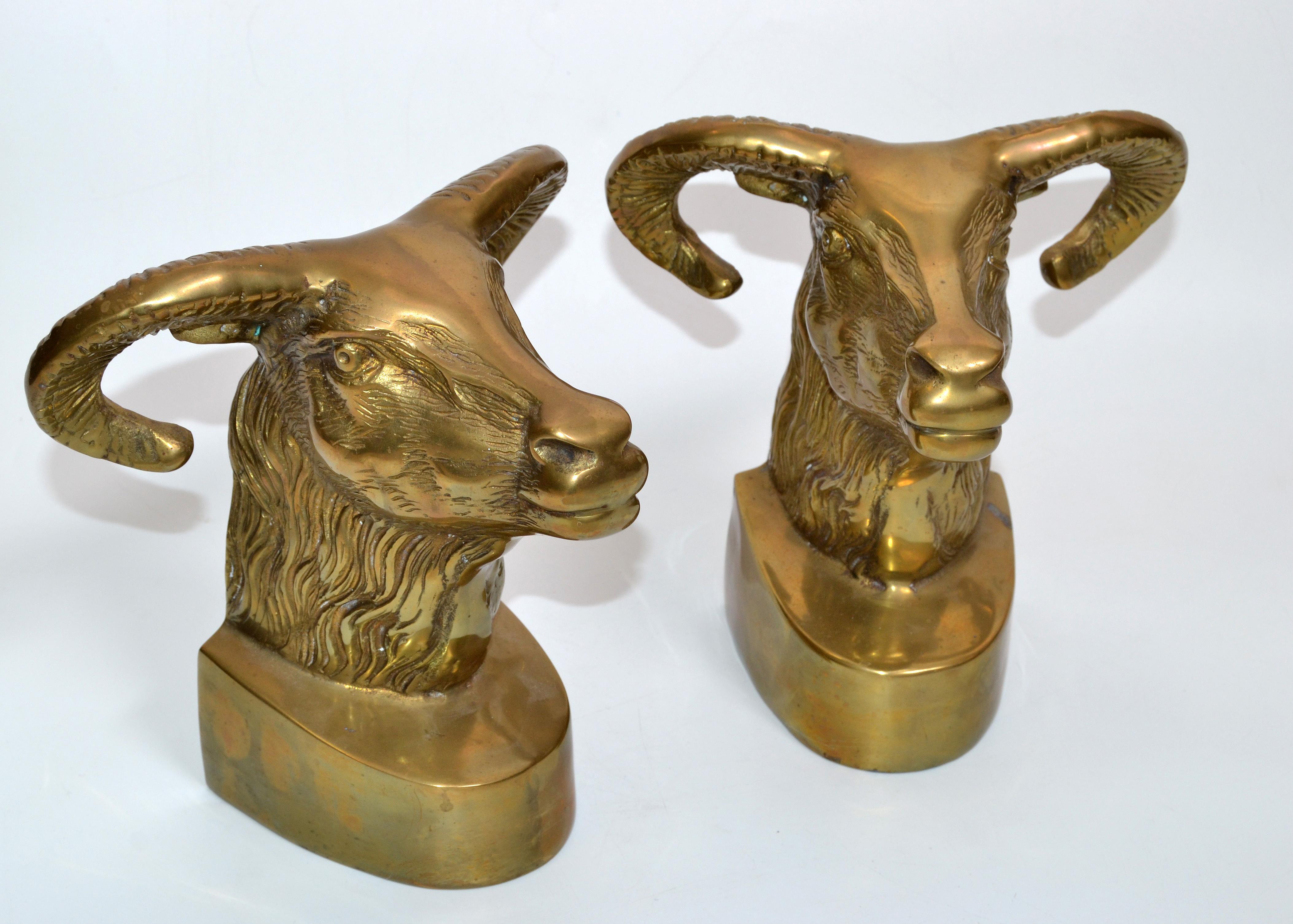 American Vintage Cast Bronze Rams Head Bookends, Pair