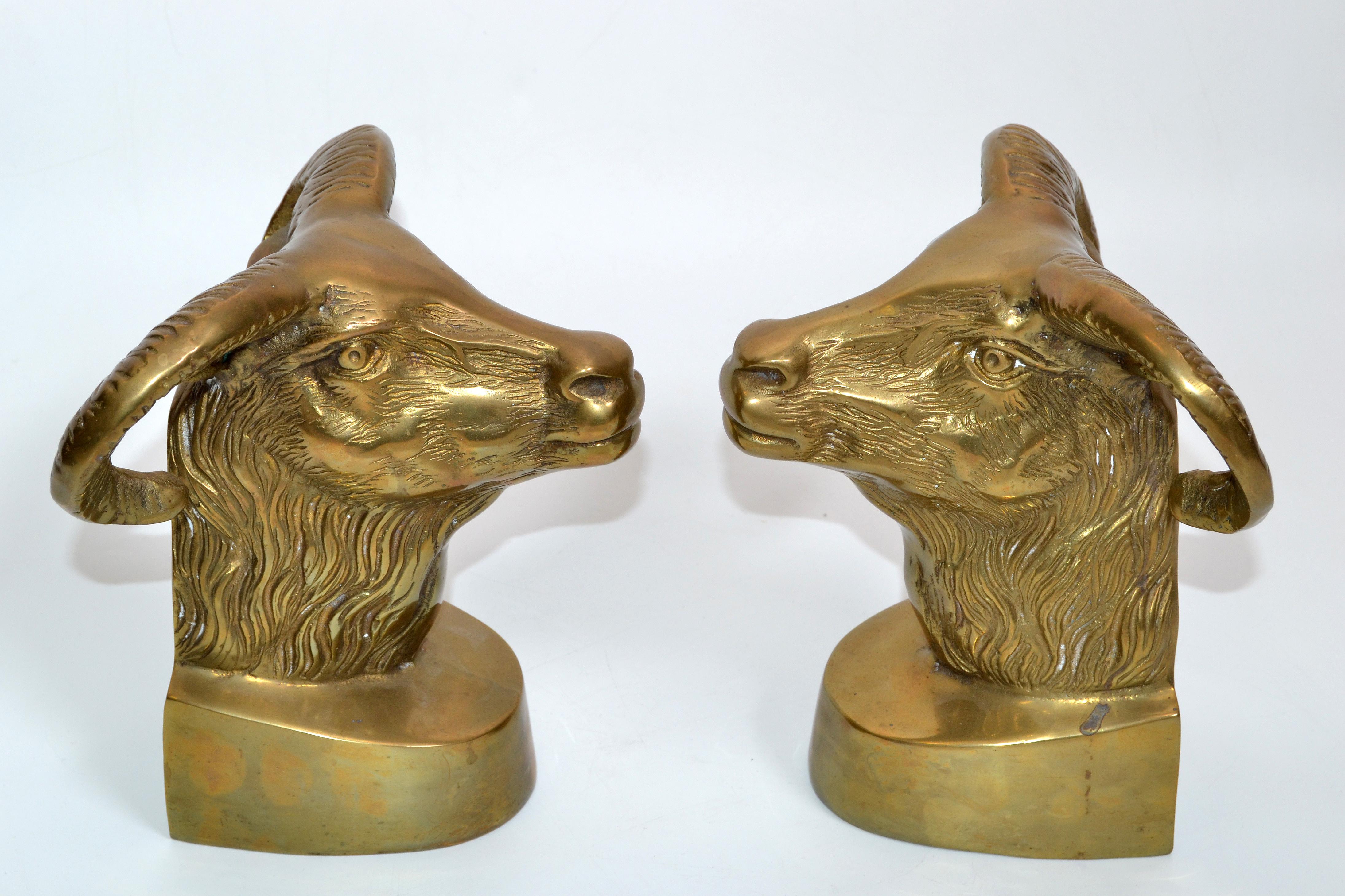 20th Century Vintage Cast Bronze Rams Head Bookends, Pair