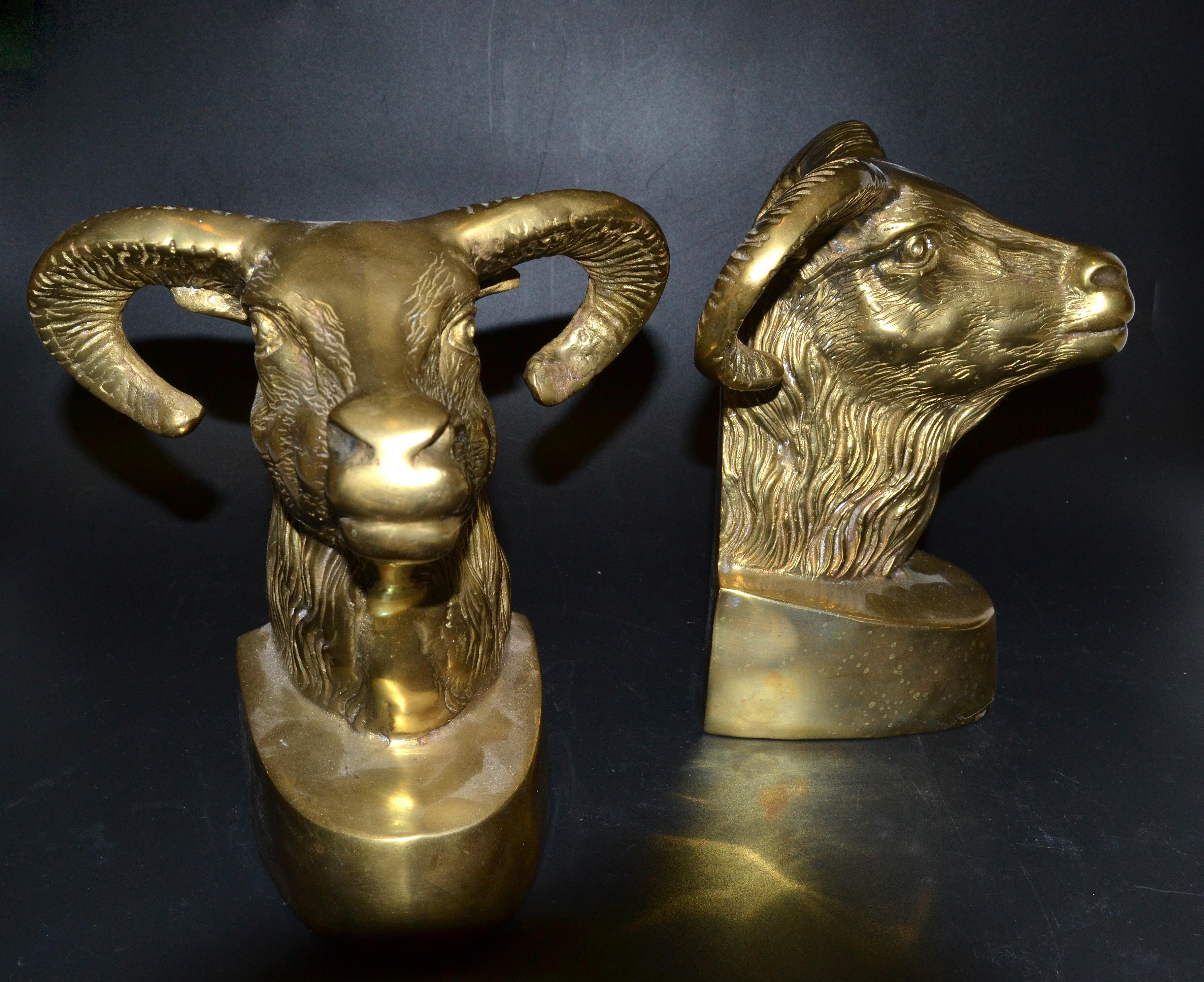 Vintage Cast Bronze Rams Head Bookends, Pair 1